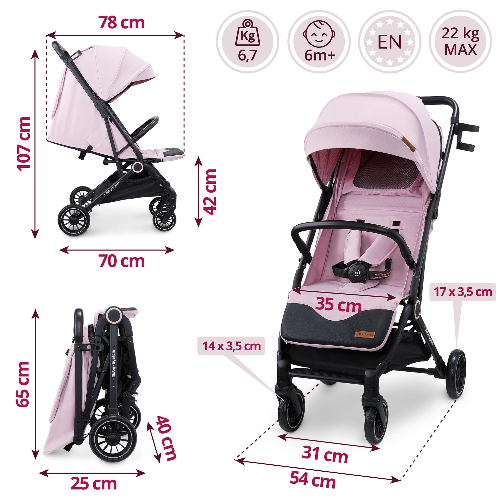 Moby-System LENA PINK PRO Spacerówka z Funkcją Walizki, Lekki Wózek Dziecięcy 6–48 Miesięcy, Amortyzacja, Koła EVA, Budka XXL, Składanie Jedną Ręką, Różowy