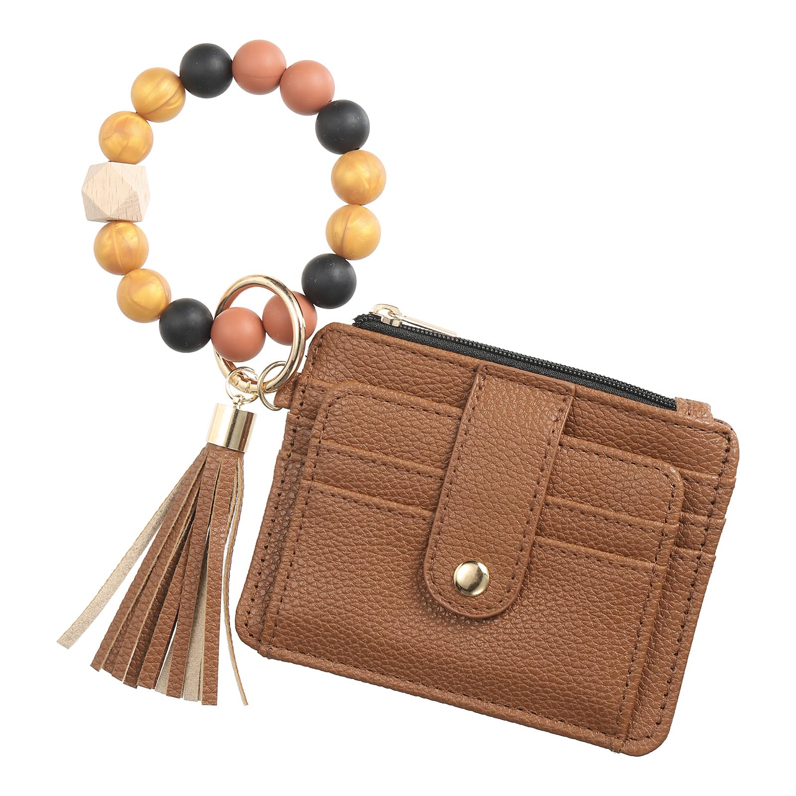 SUIKIHUM Small Credit Card Wallet with Keychain Wristlet Beads Ring, PU Leather Card Holder - 8 Card Slots & 1 ID Window & 1 Zipper Pocket, Brown