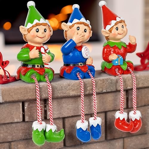Miniatura 2 de Dazzle Bright Figuras de Elfo de Navidad en Decoración, Juego de 3 Elfos de Resina con Patas Colgantes, Adornos de Elfo para Decoración de Mesa,