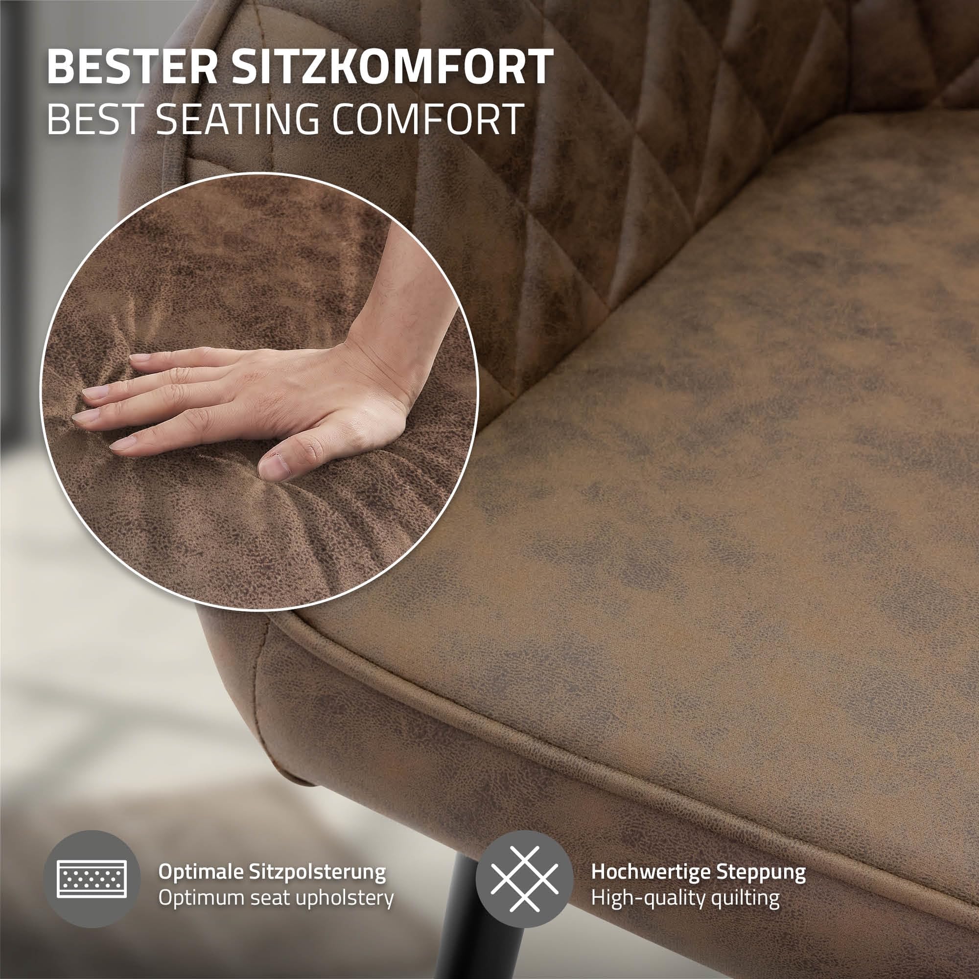 ML-Design Lot de 2 Chaises de Salle à Manger, avec Dossier et Accoudoirs, Marron, Assise en Matériau Synthétique Rembourrée, Pieds en Métal, Chaise de Cuisine Salon Bureau, Matériel de Montage Inclus