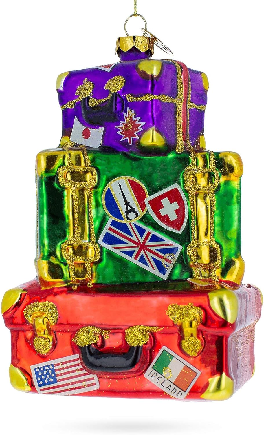 Vintage-Inspired Luggage with Travel Stickers Blown Glass Christmas Ornament