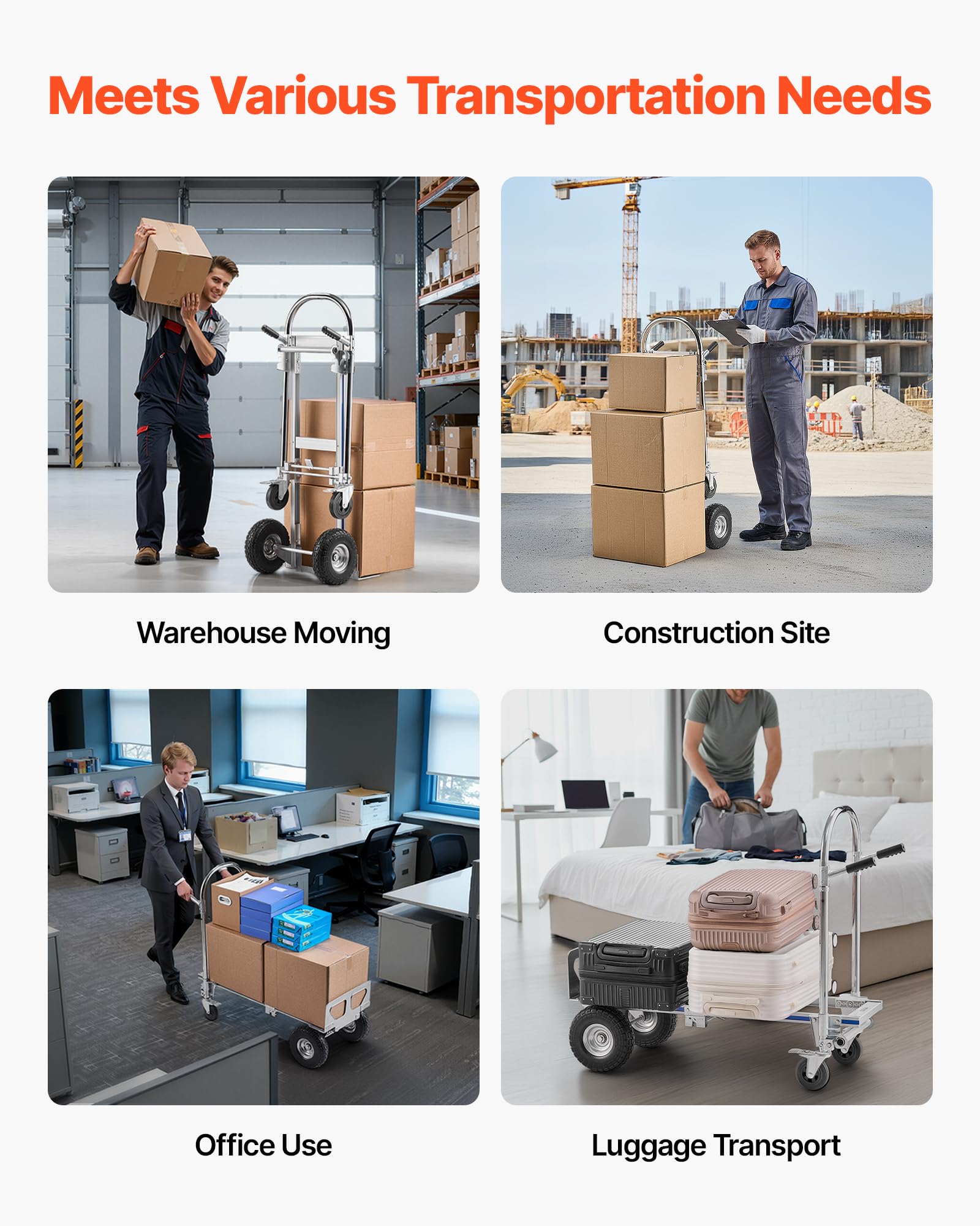 VEVOR 2-in-1-Sackkarre 454 kg, Transportkarre im 4-Rad-Modus, Umwandelbarer Plattformwagen mit Rutschfestem Griff, Tragbarer Handwagen Transportwagen, Trolley für Umzüge, Büro, Lager, Supermarkt