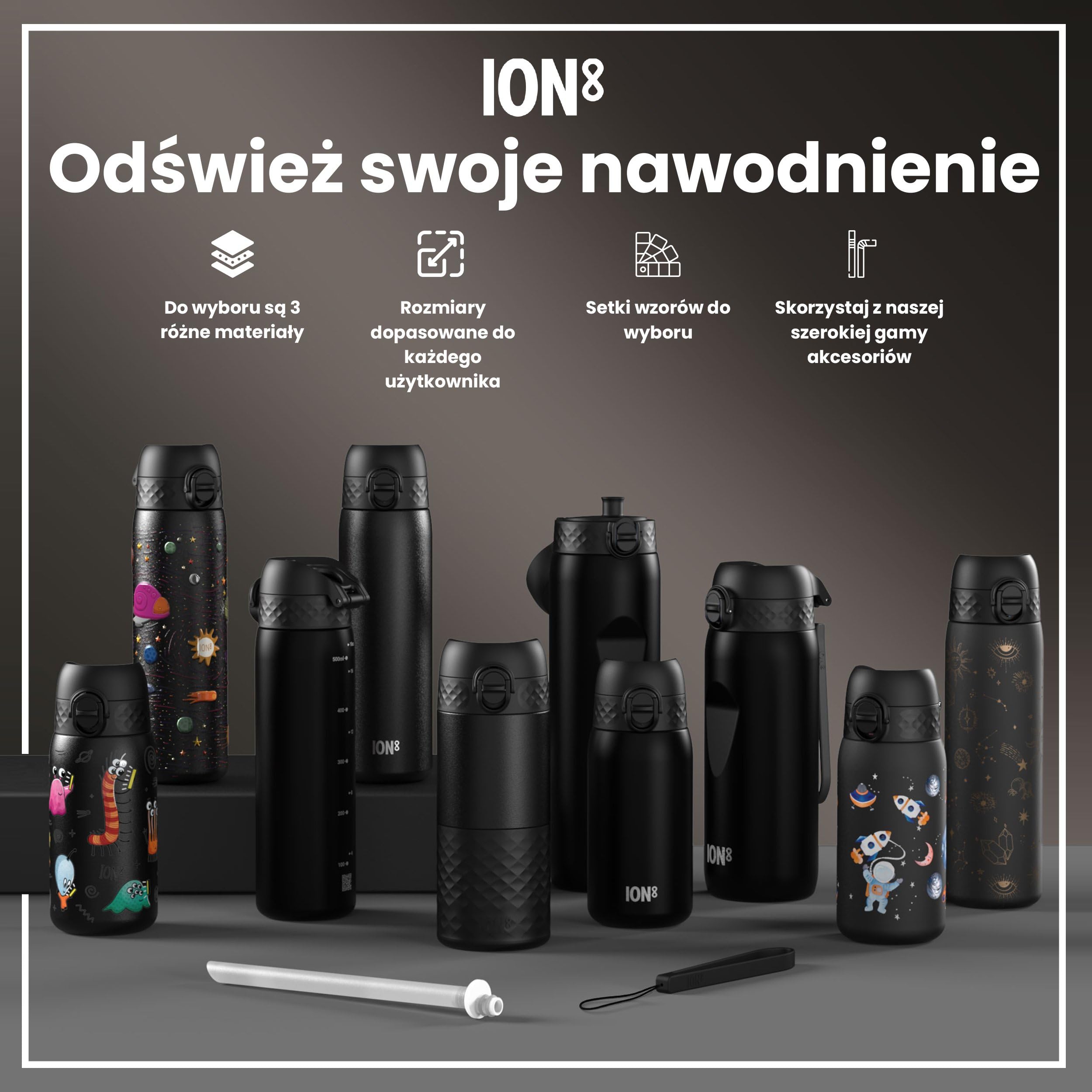 ION8 Butelka na Wodę, 500 ml/18 oz, Szczelna, Łatwe Otwieranie, Bezpieczny Zamek, Można Myć w Zmywarce, Bez BPA, Higieniczne Pokrycie, Uchwyt do Przenoszenia, Łatwa Czyszczenie, Bezwonny, Motyw Gracz