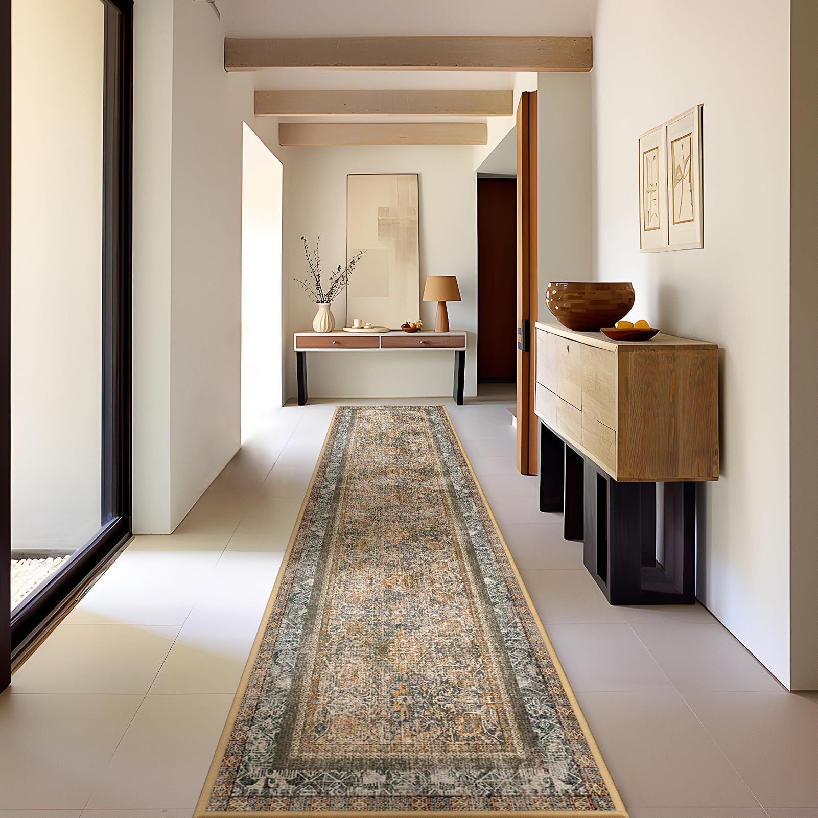 Phantoscope Hallway Runner Rug 2'x10' - Long Rug Runner Boho Washable Non-Slip Carpet for Kitchen Entryway Laundry Bedroom, Ultra-Thin Runners Vintage Distressed Accent Rug, Brown/Neutral