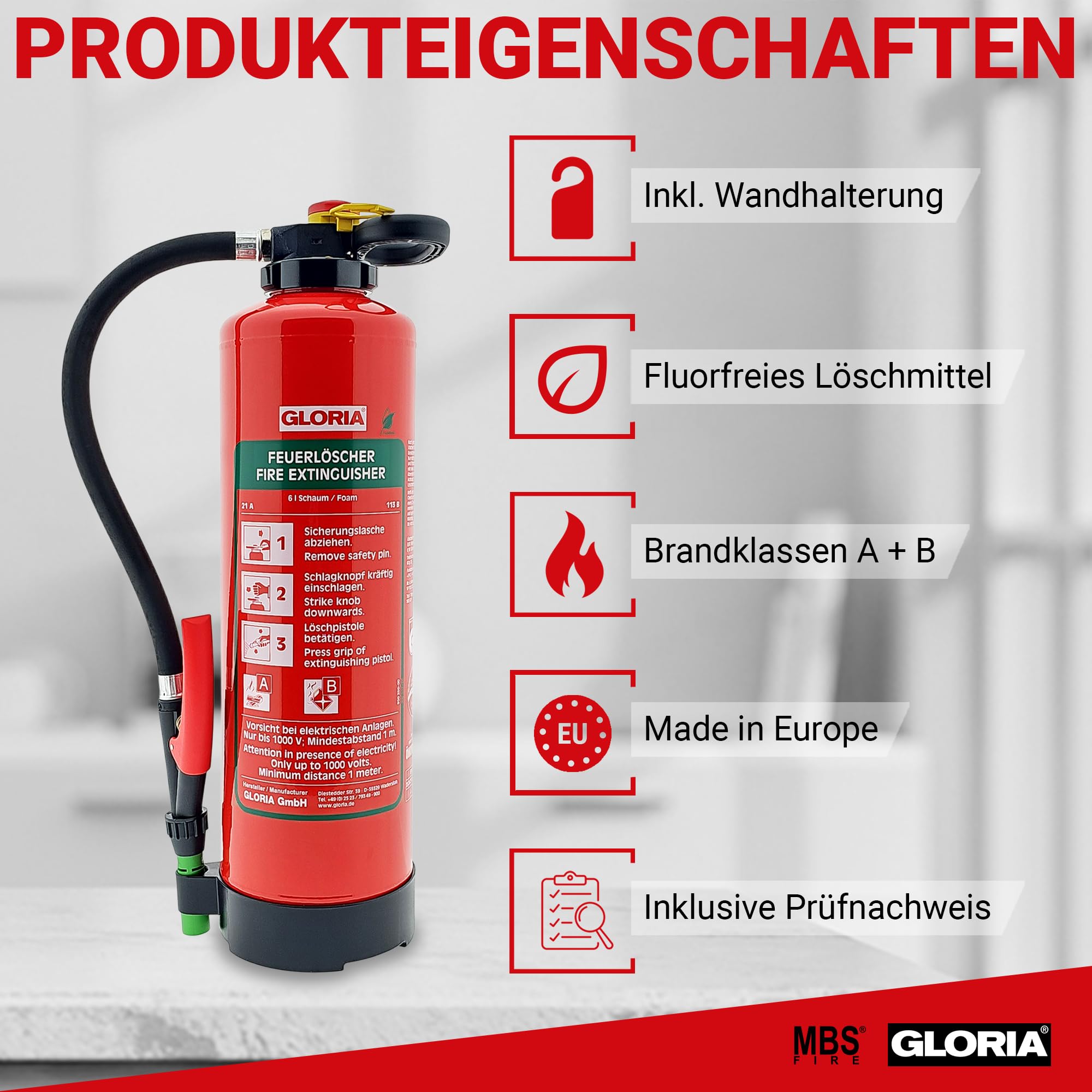 Gloria - SKE 6 PRO – Schaum Feuerlöscher - fluorfrei - 6 Liter – Für die Brandklassen A, B – inkl. Wandhalterung – inkl. Prüfplakette