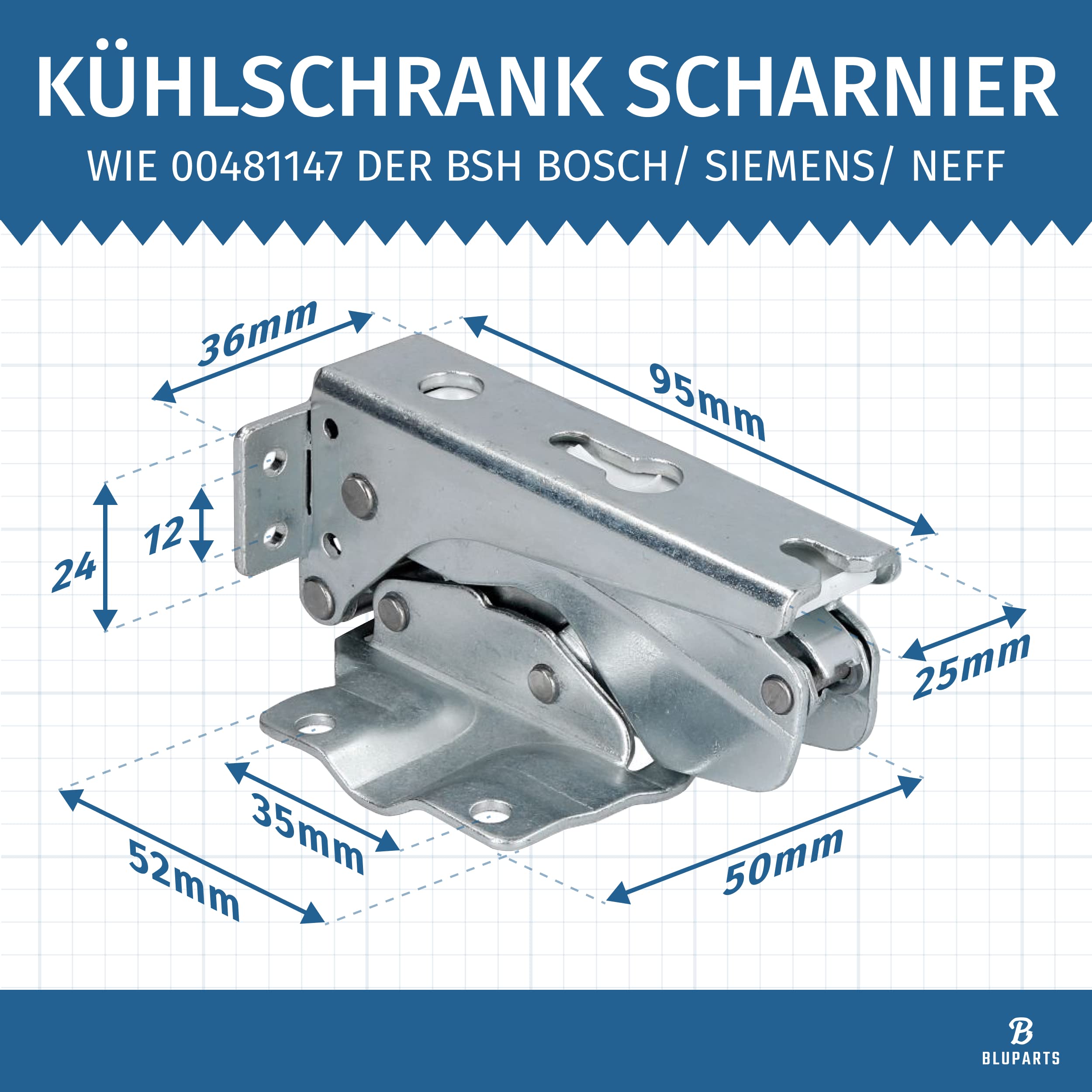 Kühlschrank Scharnier Türscharnier passend für Bosch/Siemens 00481147/481147- Flachscharnier Schleppscharnier kompatibel mit Neff, Miele, Constructa, AEG