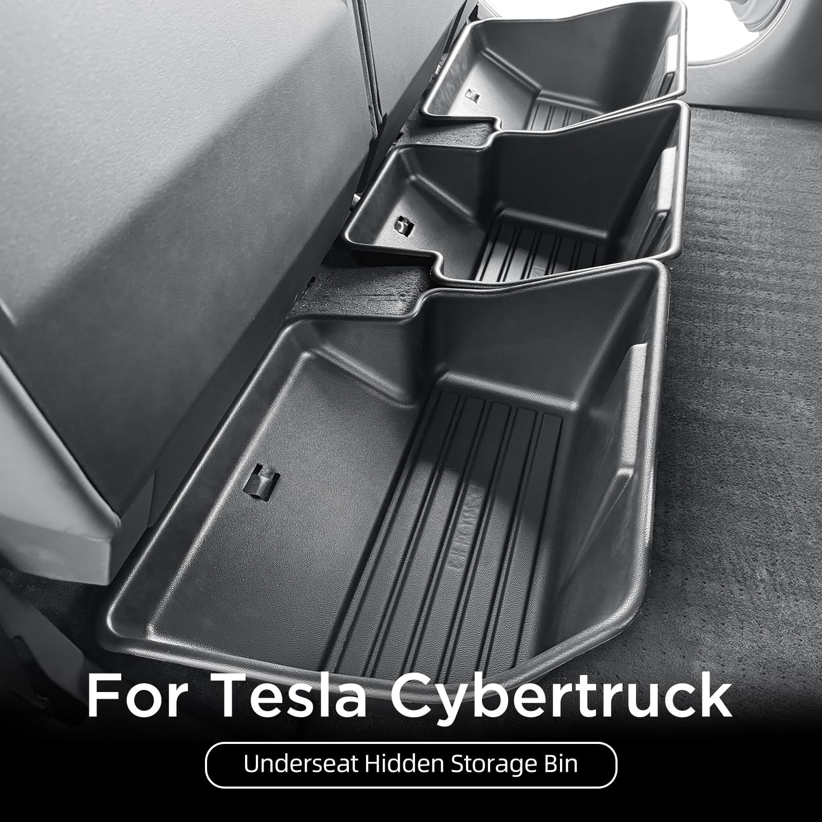 LUCKEASY 2nd Row Under Seat Storage Box For Tesla Cybertruck Organizer Hidden Tray 3pcs/Set With Velcro For Cybertruck Accessories Waterproof Movable ABS Black