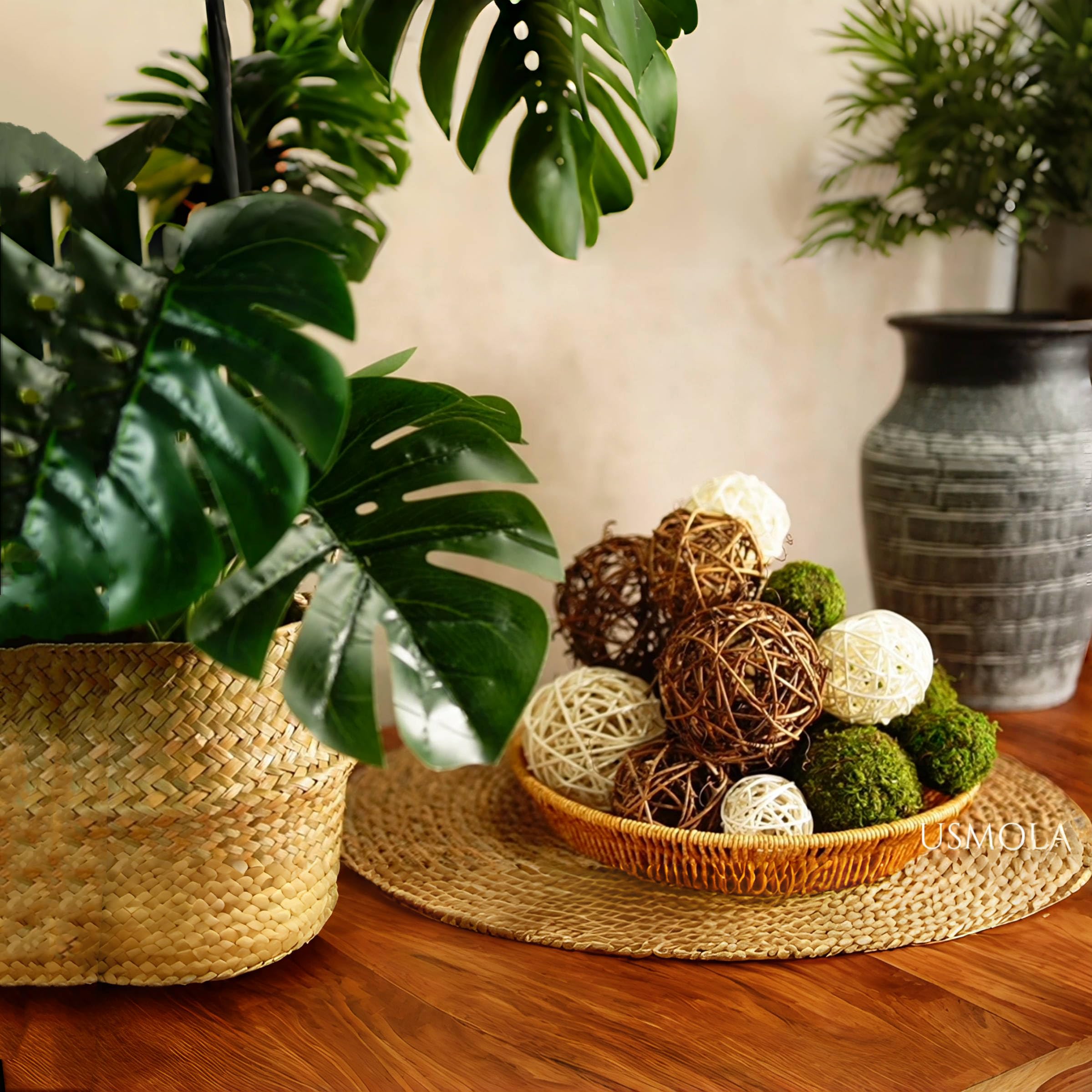 USMOLA 18Pcs Decorative Balls for Centerpiece Bowl - 6Pcs Fake Moss Balls + 12Pcs Rattan Wicker Balls, Artificial Moss Decorative Balls Vase Fillers for Home Garden Wedding Party Decor (Rustic)