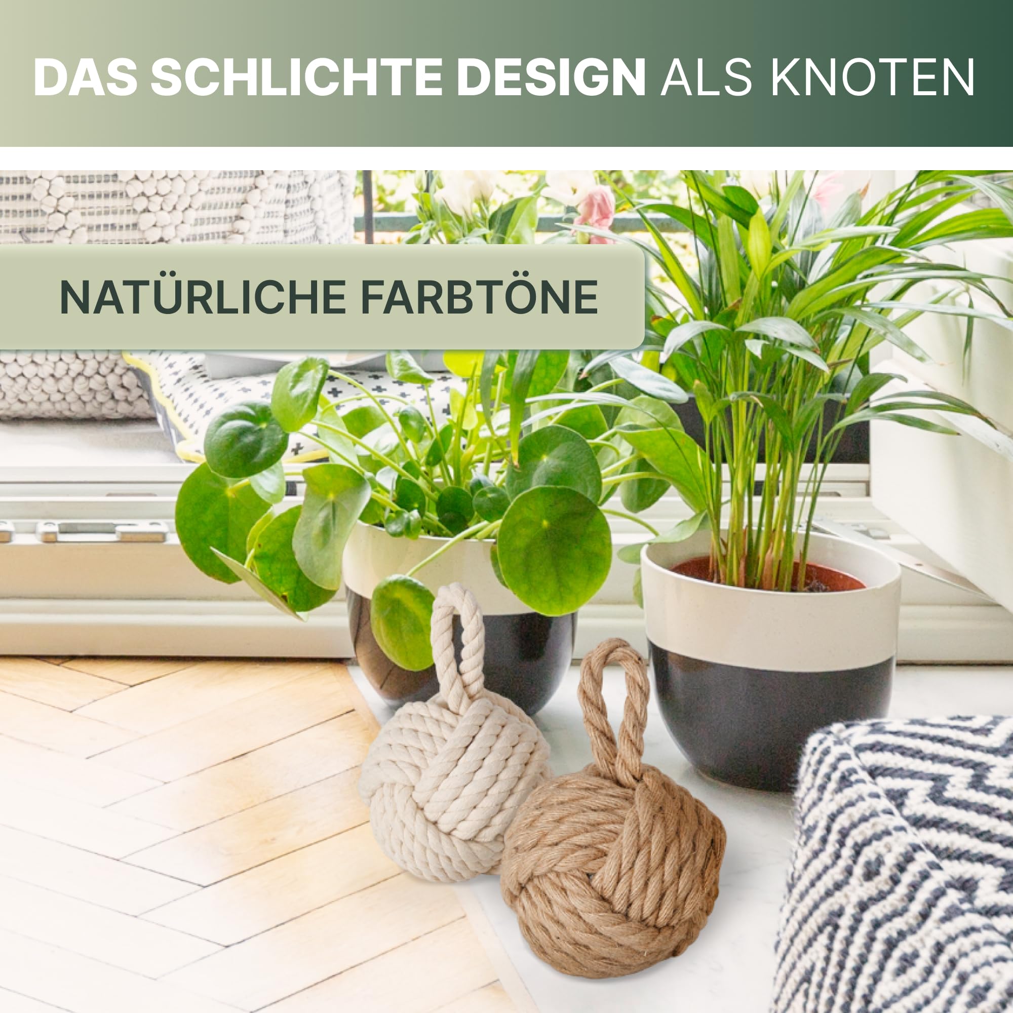 2er Set Deko Türstopper Jute für den Boden Türhalter Fensterpuffer Bodenstopper Tür Stopper Knoten Natur Strick Kugel mit Schlaufe ca. 1,2 kg Sack Schutz für die Wand