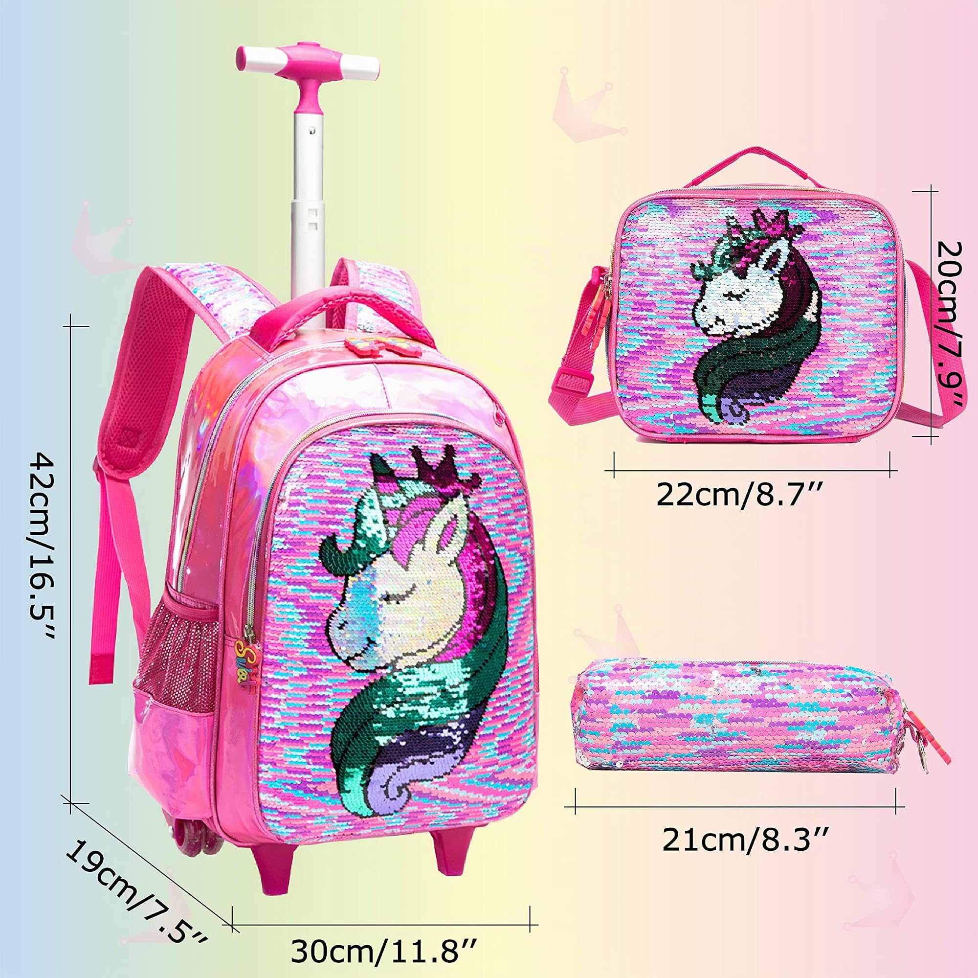 HTgroce Zaini scolastici Ragazza con ruote, Zaini Trolley Scuola con Borsa da pranzo Astuccio scolastico