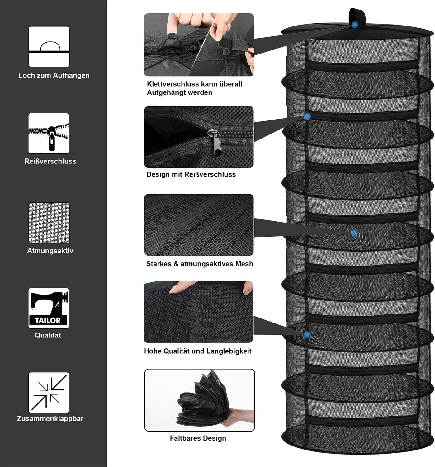 Desy & Feeci Drying Net Herbs 8-Layer Hanging Herb Drying Rack Drying Net with Zippers, Black, 23.6 x 63 inches image 2