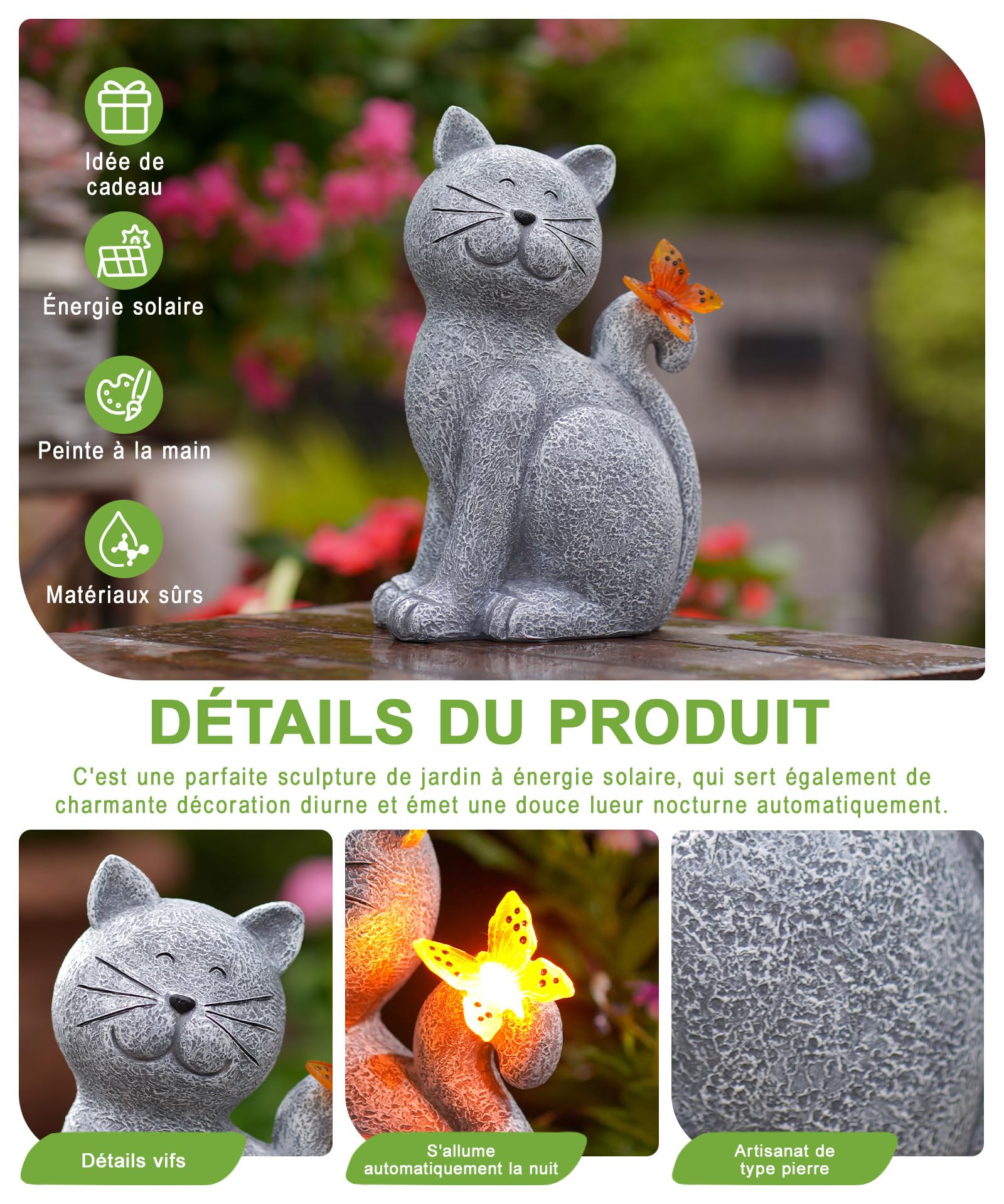 Yeomoo Figurines Chats avec Papillon Solaire Decoration Jardin Exterieur
