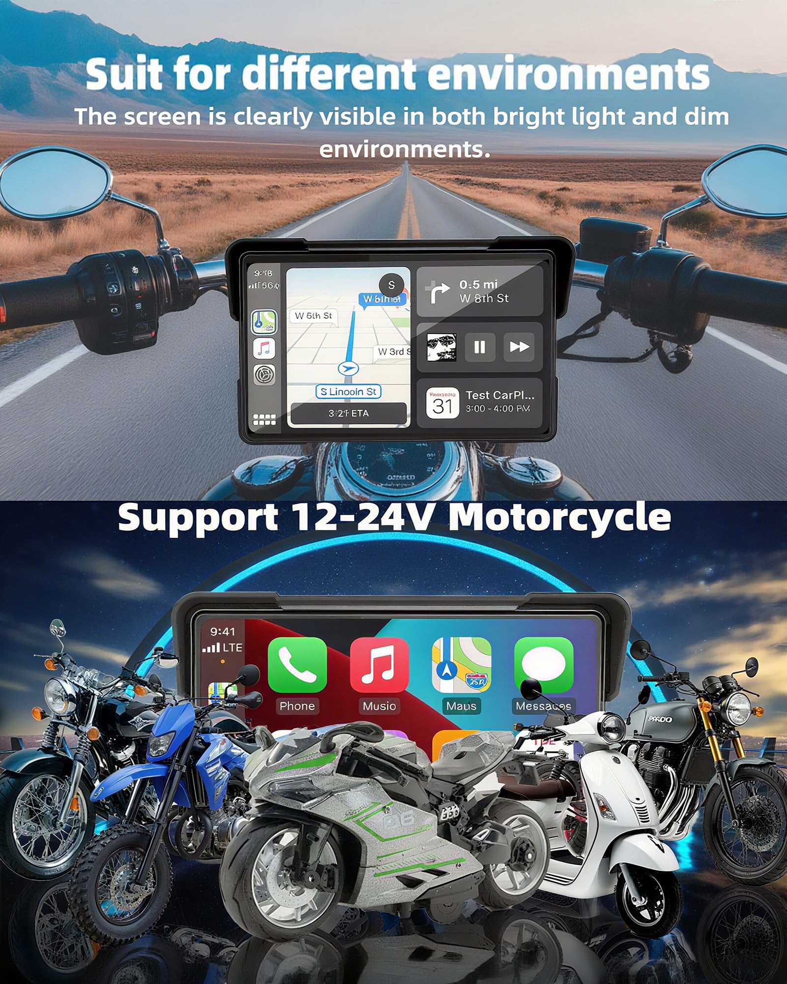 2026 Jansite 7 Zoll Motorrad Carplay Android Auto, 2,5D IPS Motorrad Display IP67 Wasserdichter Navigationsgeräte Für Motorräder mit Dual-Bluetooth, Siri/G-oogle Assistant
