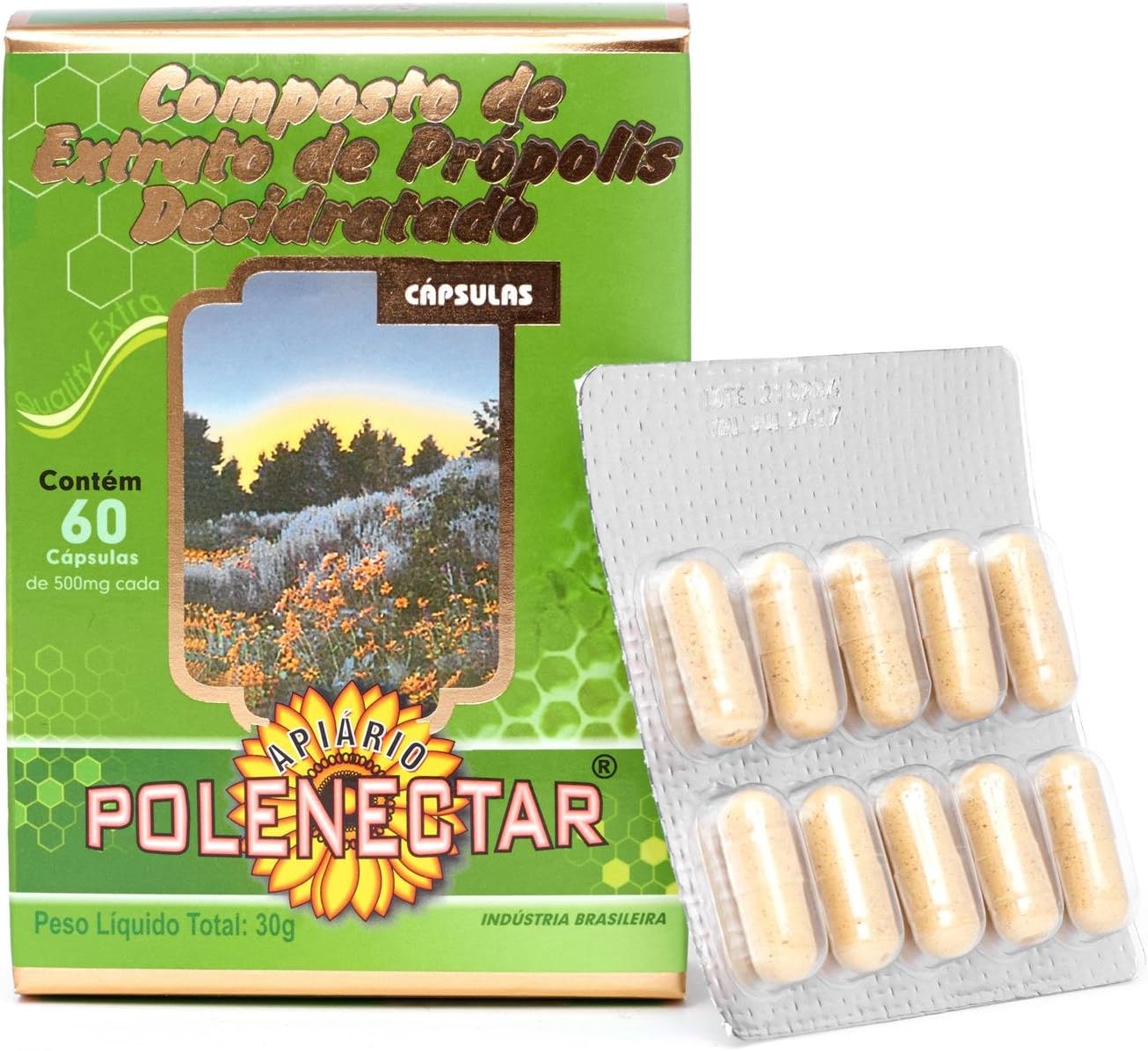 1 Box Brazilian Green Bee Propolis Extract Polenectar 60 Capsules of 500mg Each Box