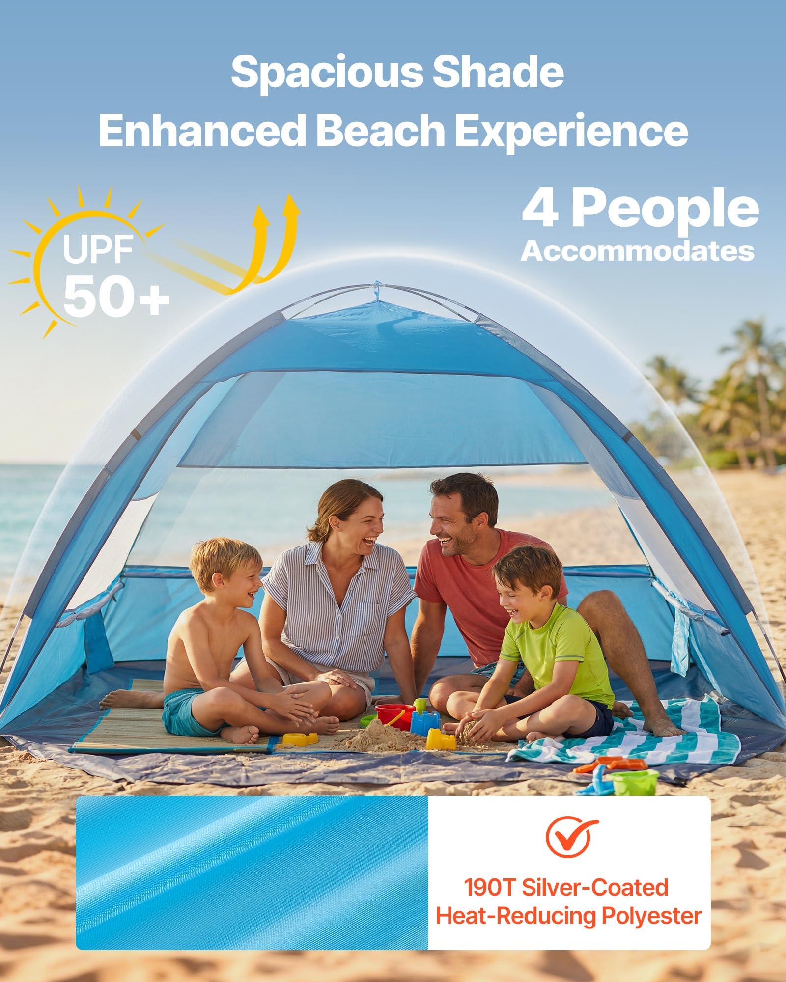 VEVOR Tenda da Spiaggia Parasole per Mare per 4 Persone, Tenda da Sole Portatile con Borsa per il Trasporto e Ancoraggi a Terra, Ombrellone da Spiaggia Leggero per Campeggio, Pesca, Picnic