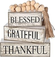 Yuntau 4PCS Farmhouse Tiered Tray Decor: Rustic Wood Bead Garland & Blessed Grateful Thankful Block Signs for Tabletop Shelf Mantle