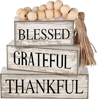 Yuntau 4PCS Farmhouse Tiered Tray Decor: Rustic Wood Bead Garland & Blessed Grateful Thankful Block Signs for Tabletop Shelf Mantle