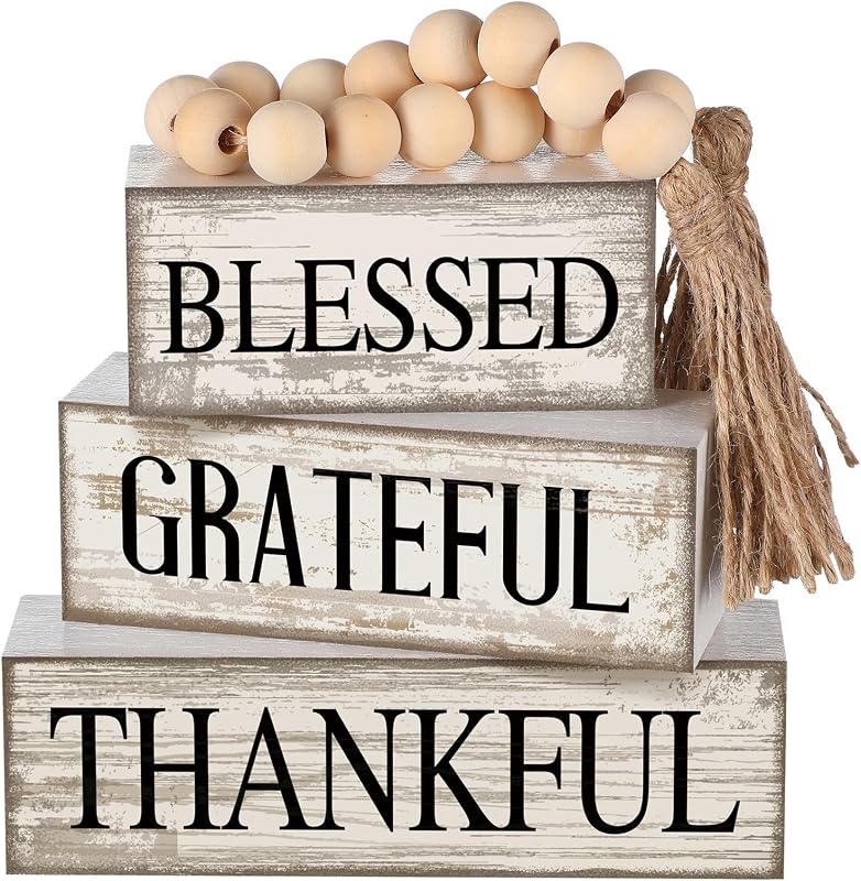 Yuntau 4 Pcs Farmhouse Table Decor Rustic Stacked Wooden Block Sign | Blessed Grateful Thankful Tabletop Centerpiece with Beaded for Coffee Shelf Mantle, Tiered Tray Decor, Neutral Home Display