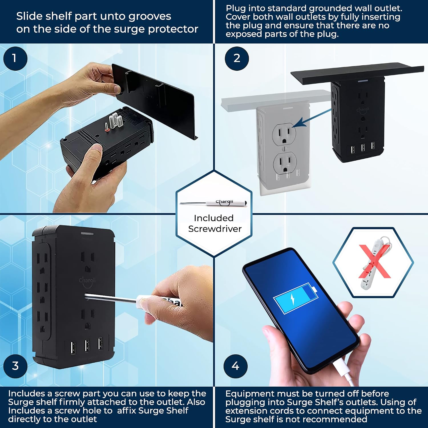 Chargii Surge Shelf - Surge Protector with Shelf, Multi Plug Outlet Extender with 3 USB Ports & 8 3-Pronged Outlets - Charging Shelf, USB Wall Plug Extender, Wall Outlet Shelf with Installation Kit