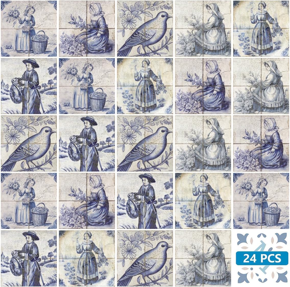 Mi Alma Delft Peel and Stick Tile Stickers, 24 Patterns, 6x6 Inch, Blue, Geometric, Rustic, Waterproof, Vinyl, Wall Decal