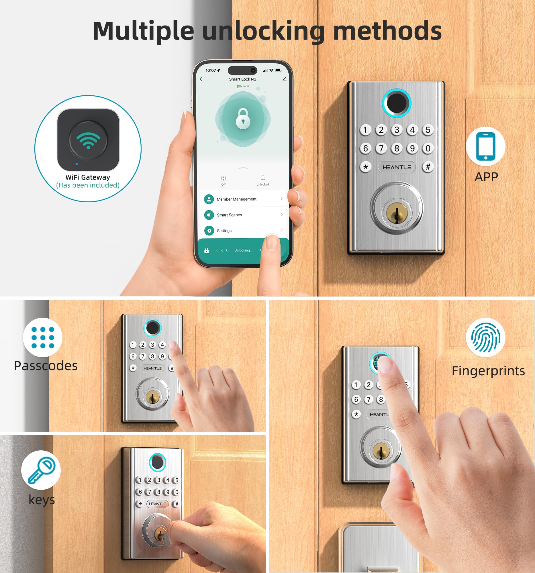 Set di serrature smart WiFi, senza chiave, con maniglia, tastiera per impronte digitali, Bluetooth, Alexa, catenaccio, blocco automatico, app telecomando