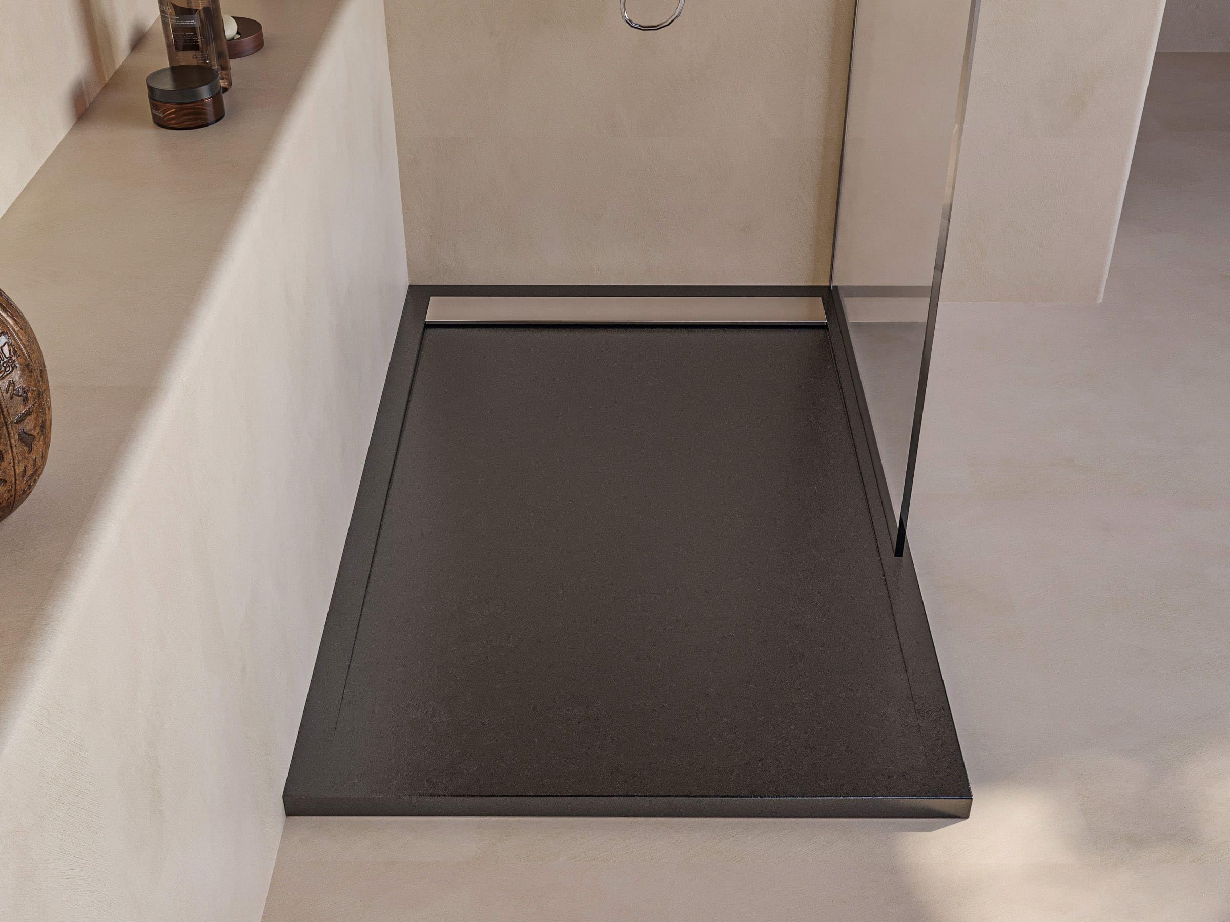 SoulHome Plato de Ducha Resina Negro 120X70 Diseño Minimalista Inox | Antideslizante C3, Extraplano, Resina y carga mineral, Textura Liso Piedra, Antibacteriano, Gel-coat, Incluye válvula desagüe