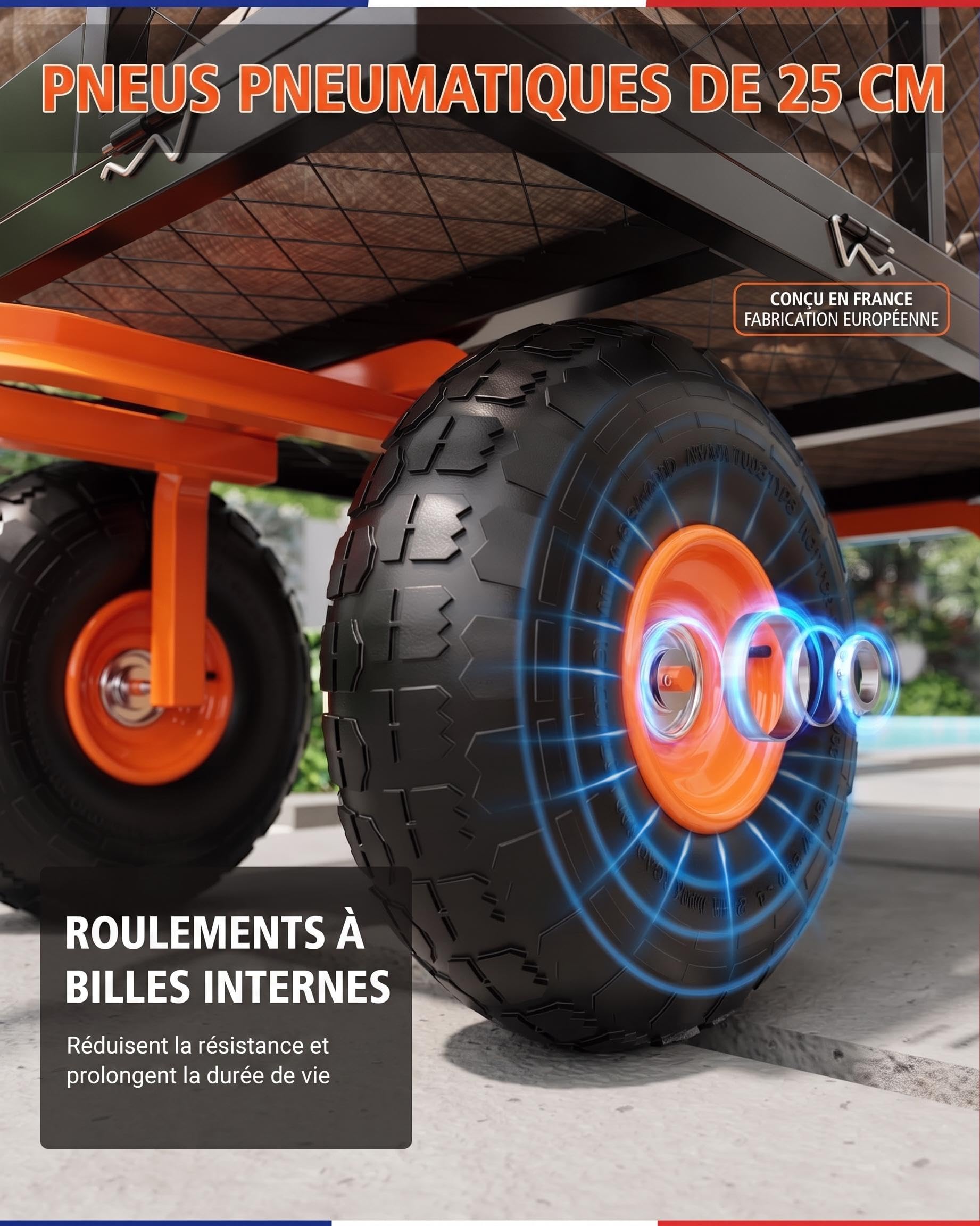 Chariot de Jardin Transport, 408kg Capacité, 96 * 51cm, Côtés Amovibles | Poignée Rotative 180°