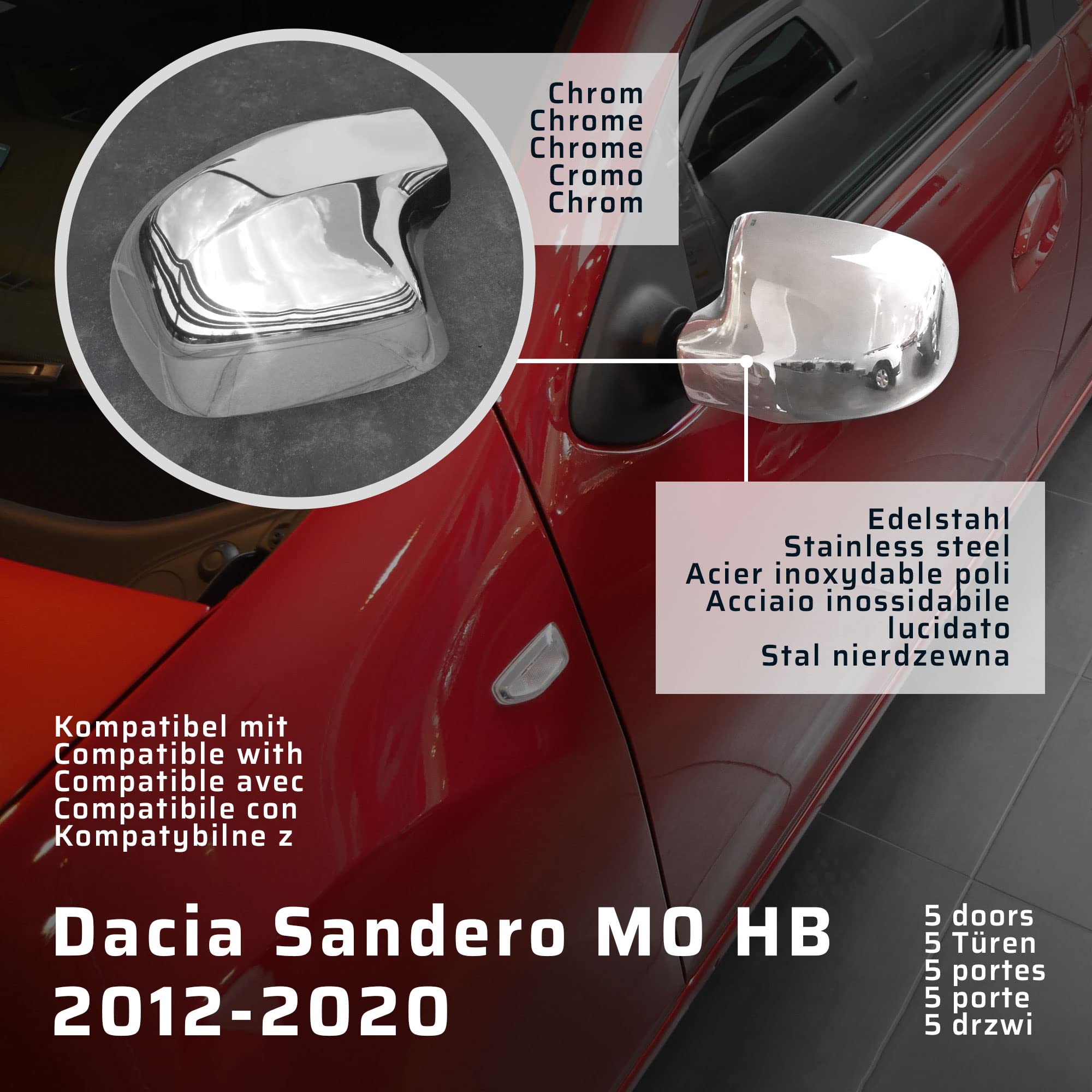 CHROMEMASTER | Nakładki na Lusterka Zewnętrzne | Kompatybilne z Dacia Sandero M0 Hatchback, 5 Drzwi 2012-2020 | Inox/Chrom; Osłony Lusterek to Niepowtarzalny Wygląd Auta i Ochrona Przed Uszkodzeniem