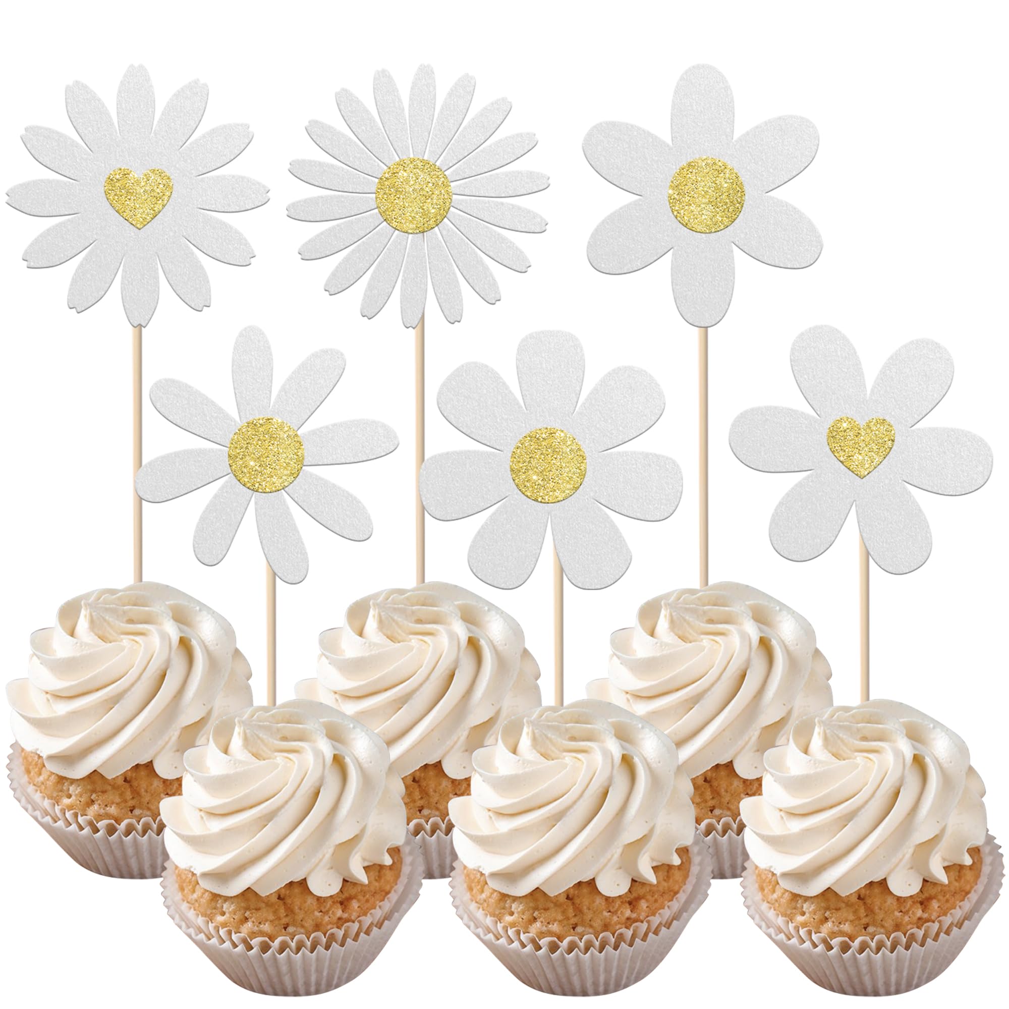 24 Stück Weiße Daisy Tortendeko Glitzer Gänseblümchen Kuchen Deko Daisy Cupcake Toppers für Chrysantheme Thema Baby Dusche Hochzeit Geburtstag Party Kuchen Dekoration