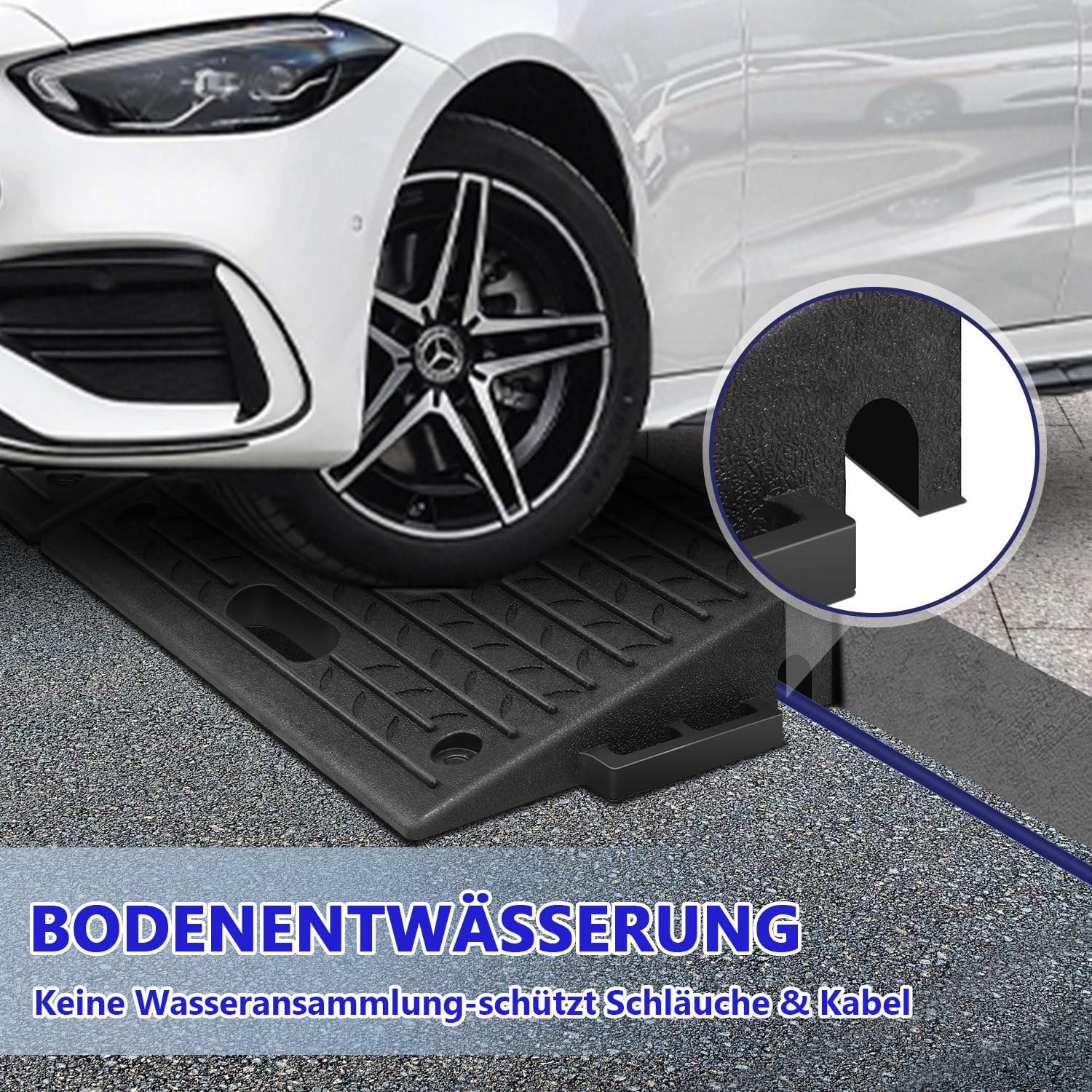 2 Stück Bordsteinrampe Gummi (10 cm hoch) – tragbar mit Griff, Auffahrrampe für Rollstuhl & Auto, rutschfeste Türschwellenrampe, max. Belastung 5 Tonnen, inkl. Montageset (50x32x10 cm)