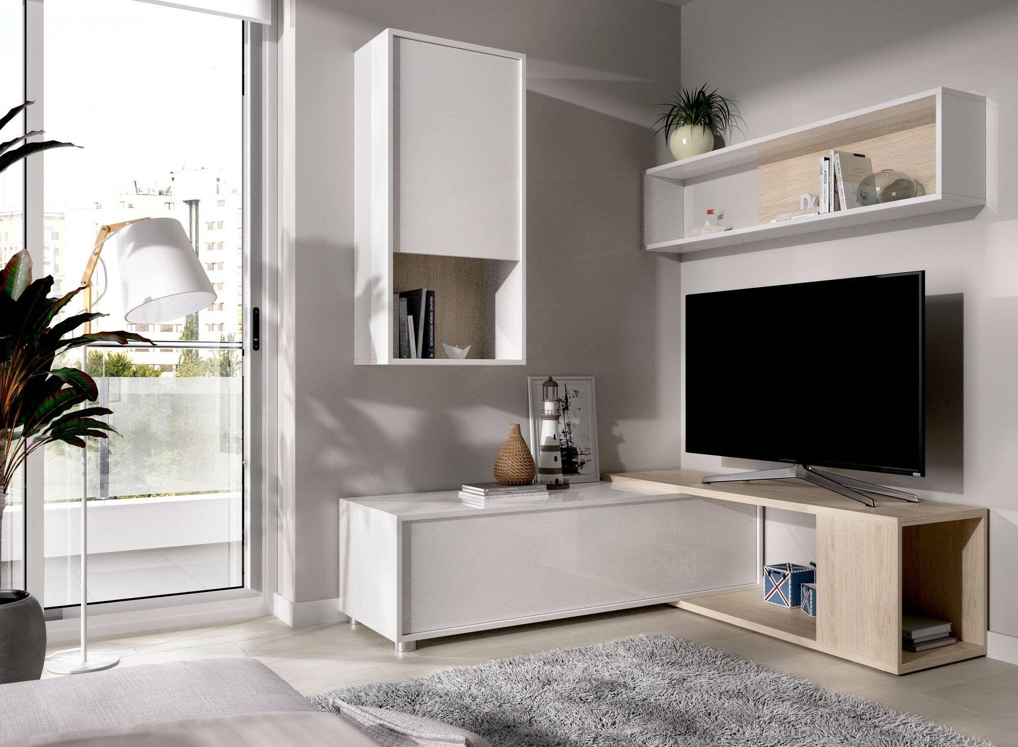 Dmora - Wohnwand Denali, modulares Eck-Wohnzimmerset, Multipositions-Wohnzimmermöbel, 230 x 41 x 180 cm, Weiß und Eiche