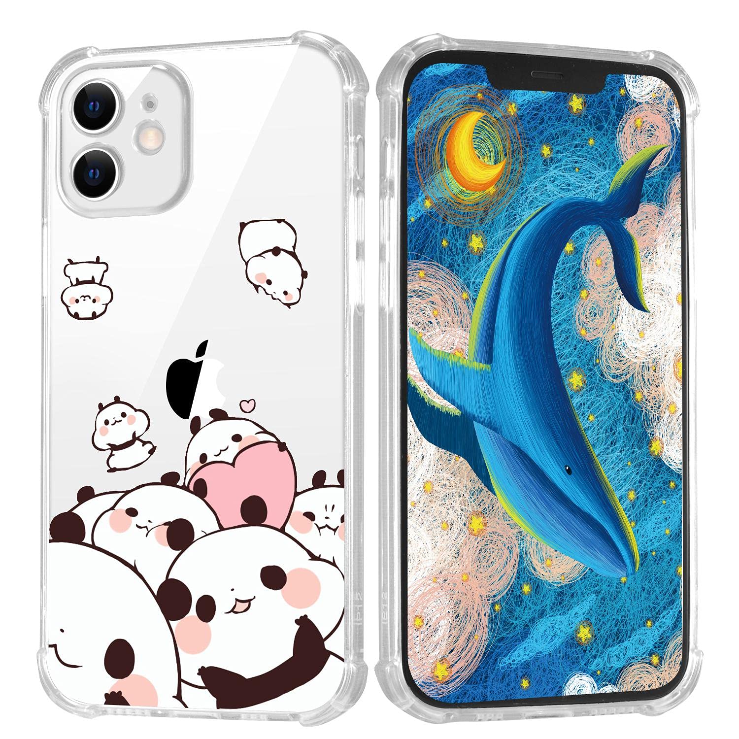 LuGeKeCute Kawaii Pandas Clear Case with Design for iPhone 12 Mini, Funny Animal Bear Pattern Cover Slim Soft Transparent Shockproof TPU Bumper, Full Body Protection Personalised Phone Case