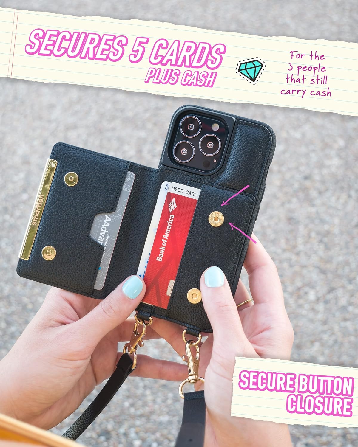 Smartish iPhone 13 Pro Crossbody Wallet Case for Women - Dancing Queen [Purse/Clutch with Detachable Strap & Wristlet] Protective Cover with Credit Card Holder - Stiletto Black-Gold