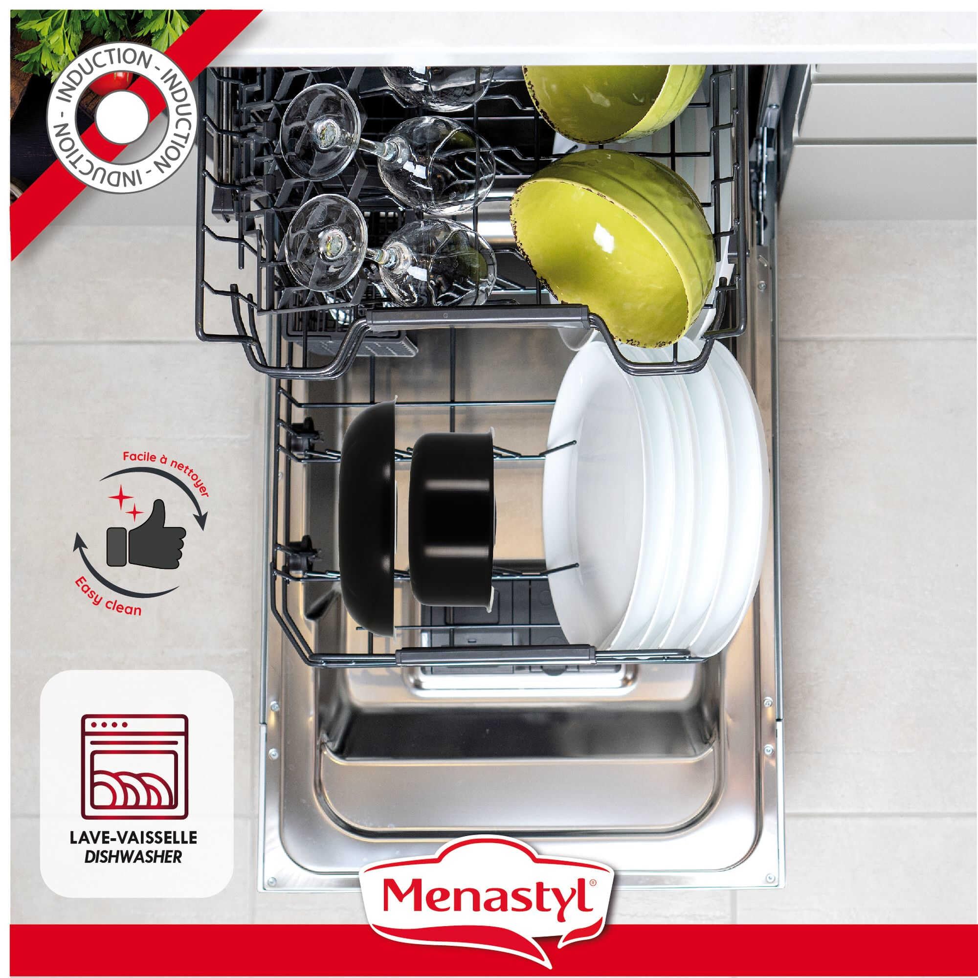 MENASTYL - Batterie de cuisine amovible 5 pièces Iris en aluminium noir antiadhésive - Compatible tous feux dont induction et lave-vaisselle - 2 casseroles + 2 poêles + 1 poignée amovible - 6020437
