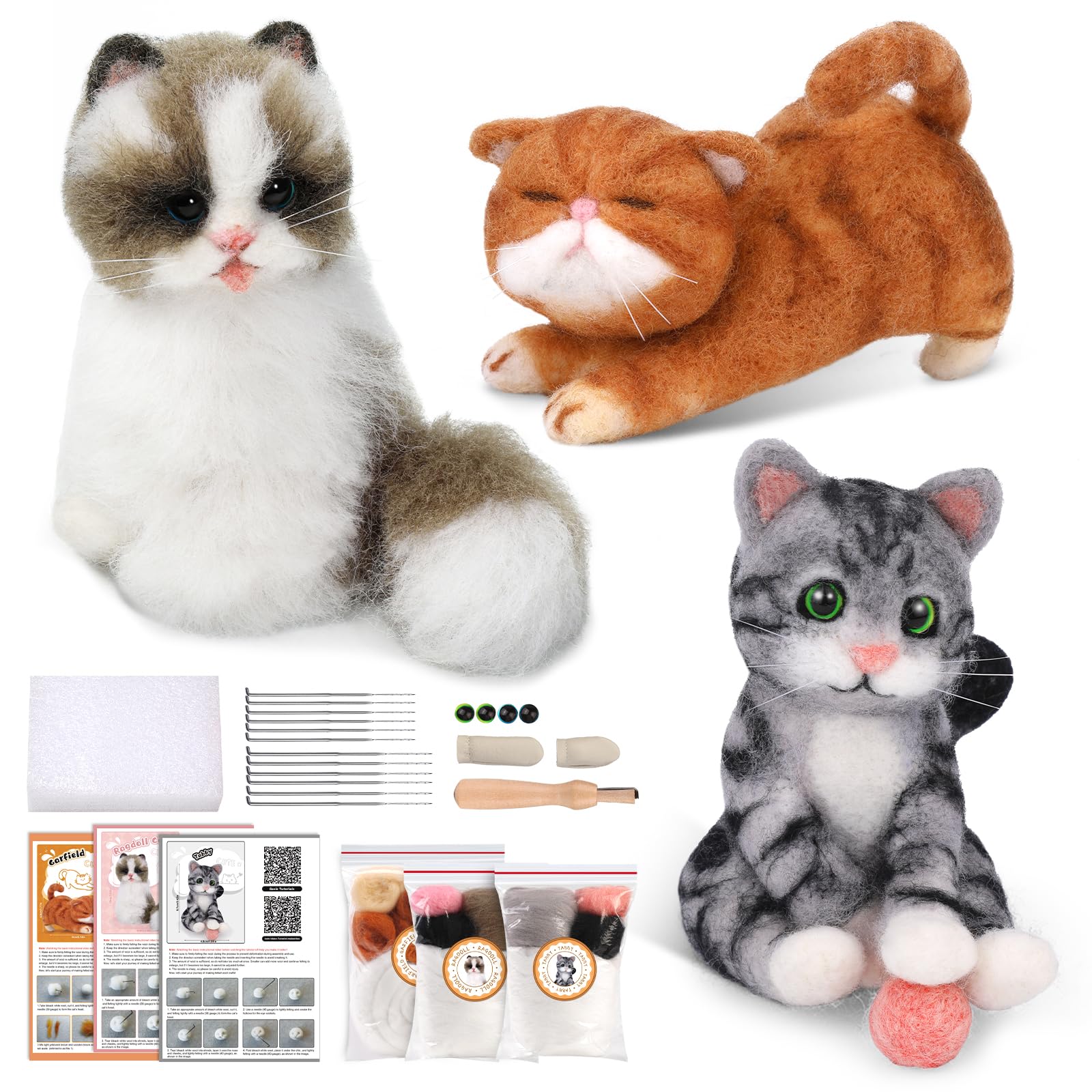 Mayboos Needle Felting Kit, 3 PCS Cat Animal Felting Kits for Beginners