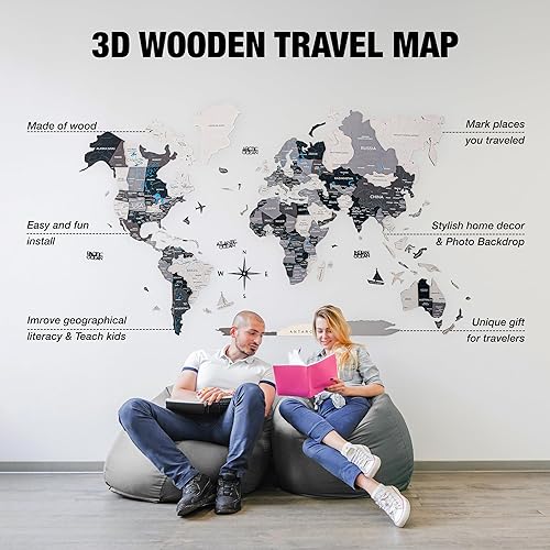 Miniatura 6 de Handmade 3D Wood World Map Wall Art Large Wall Decor Track Your World Travels - Special For Home, Kitchen And Office (X-Large, Nordik)