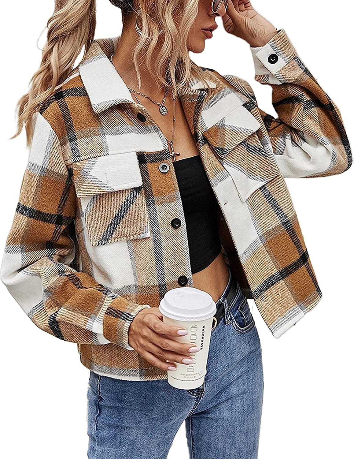 Women's Cropped Flannel Plaid Shacket Long Sleeve Button Down Jackets Coat Fall Jackets