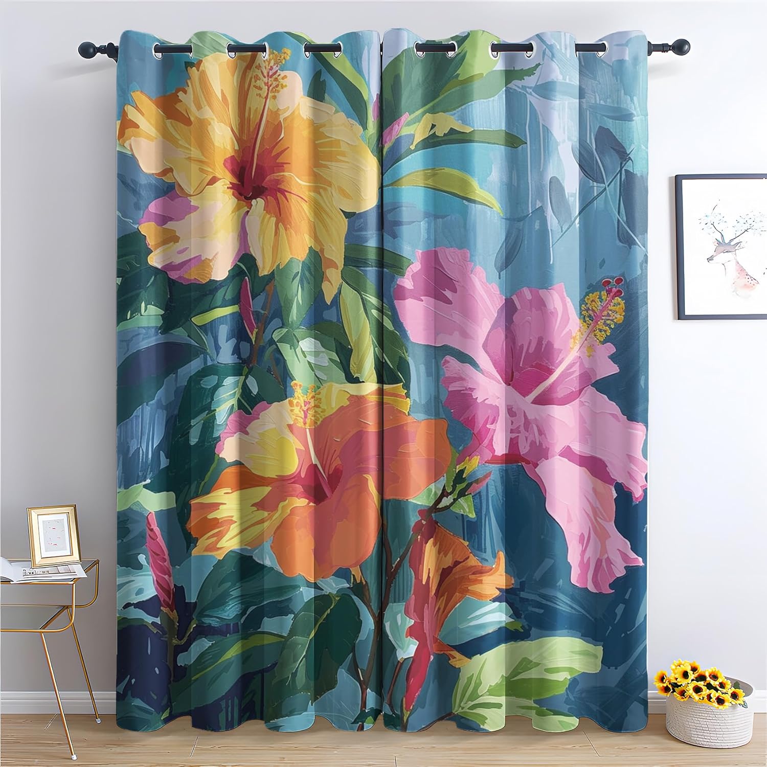 Palm Tree Curtains, Hawaii Beach Blackout Curtains for Living Room, Tropical Drapes, Bedroom Curtains, Thermal Insulated & Soft, Room Darkening Grommet Curtains, 2 Panels, 38Wx54L, Blue