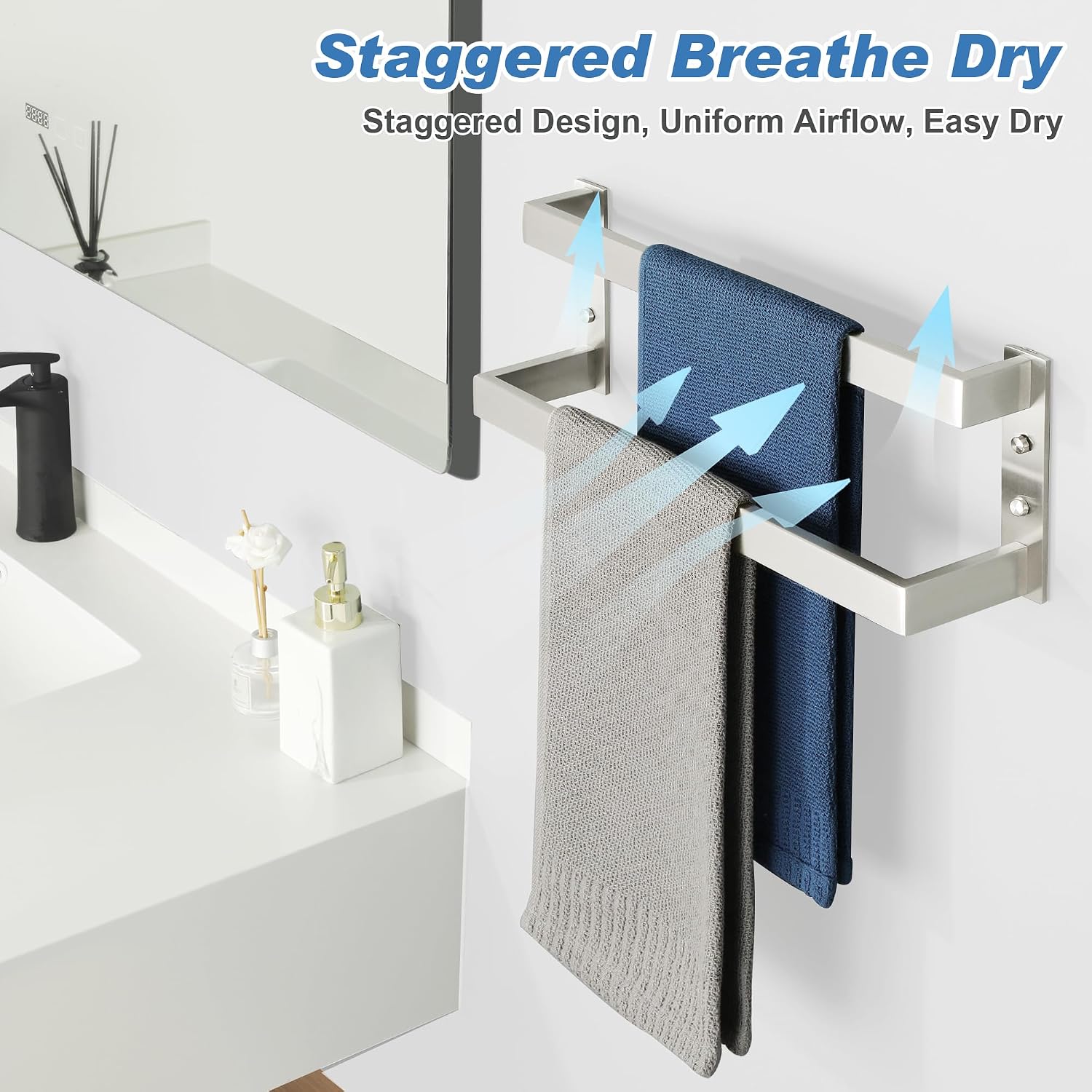 Alise Double Towel Bar, 16" Towel Racks for Bathroom Wall Mounted, SUS304 Stainless Steel Bathroom Towel Holder, Modern Quick Drying Towel Hanger, Brushed Nickel