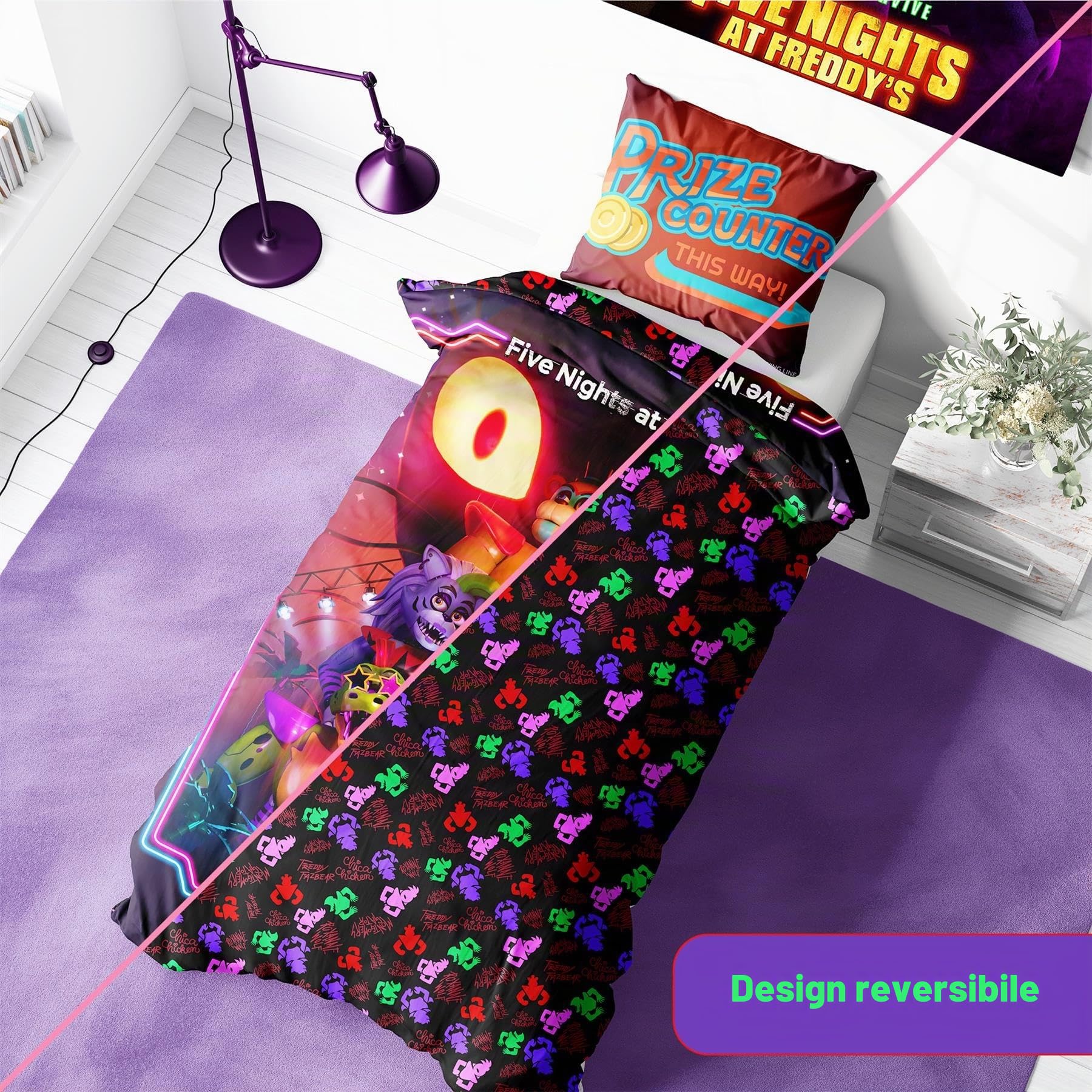 Halantex FNAF Security Breach - Set copripiumino singolo e federa, misto cotone, reversibile, per bambini, comodo, resistente e facile da pulire