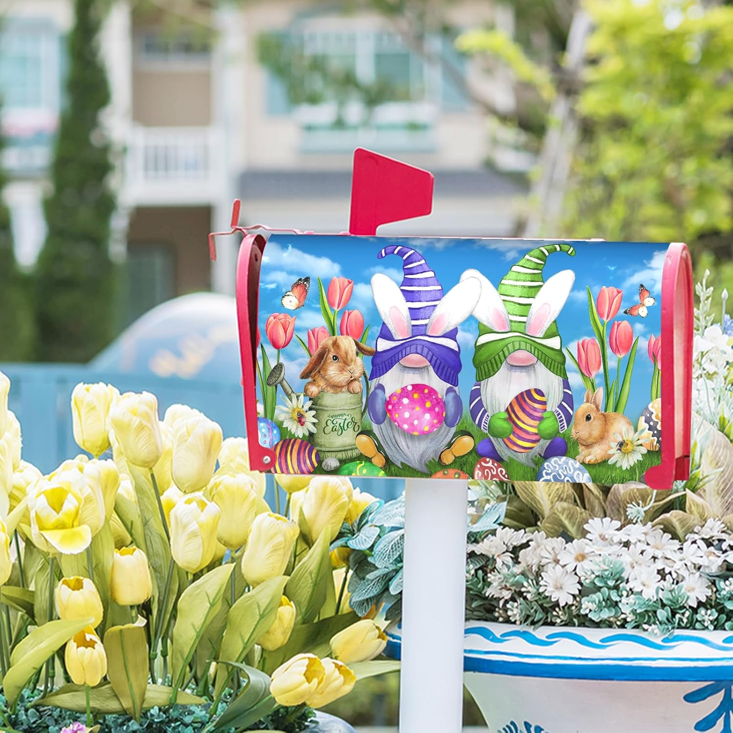 Happy Easter Gnomes Mailbox Covers Magnetic Standard Size 18" X 21",Spring Tulip Flower Easter Bunnies and Eggs Mailbox Wraps Post Letter Box Easter Cover for Holiday Garden Yard Decor