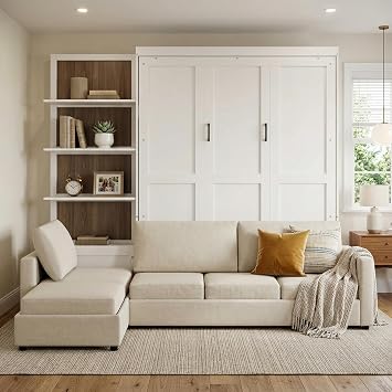 Harper & Bright Designs Queen Size Murphy Bed, Wood Queen Wall Bed with Sofa and Shelves, White