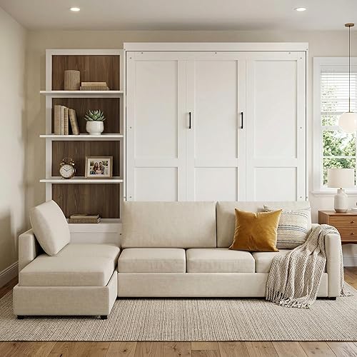 Harper & Bright Designs Queen Size Murphy Bed, Wood Queen Wall Bed with Sofa and Shelves, White