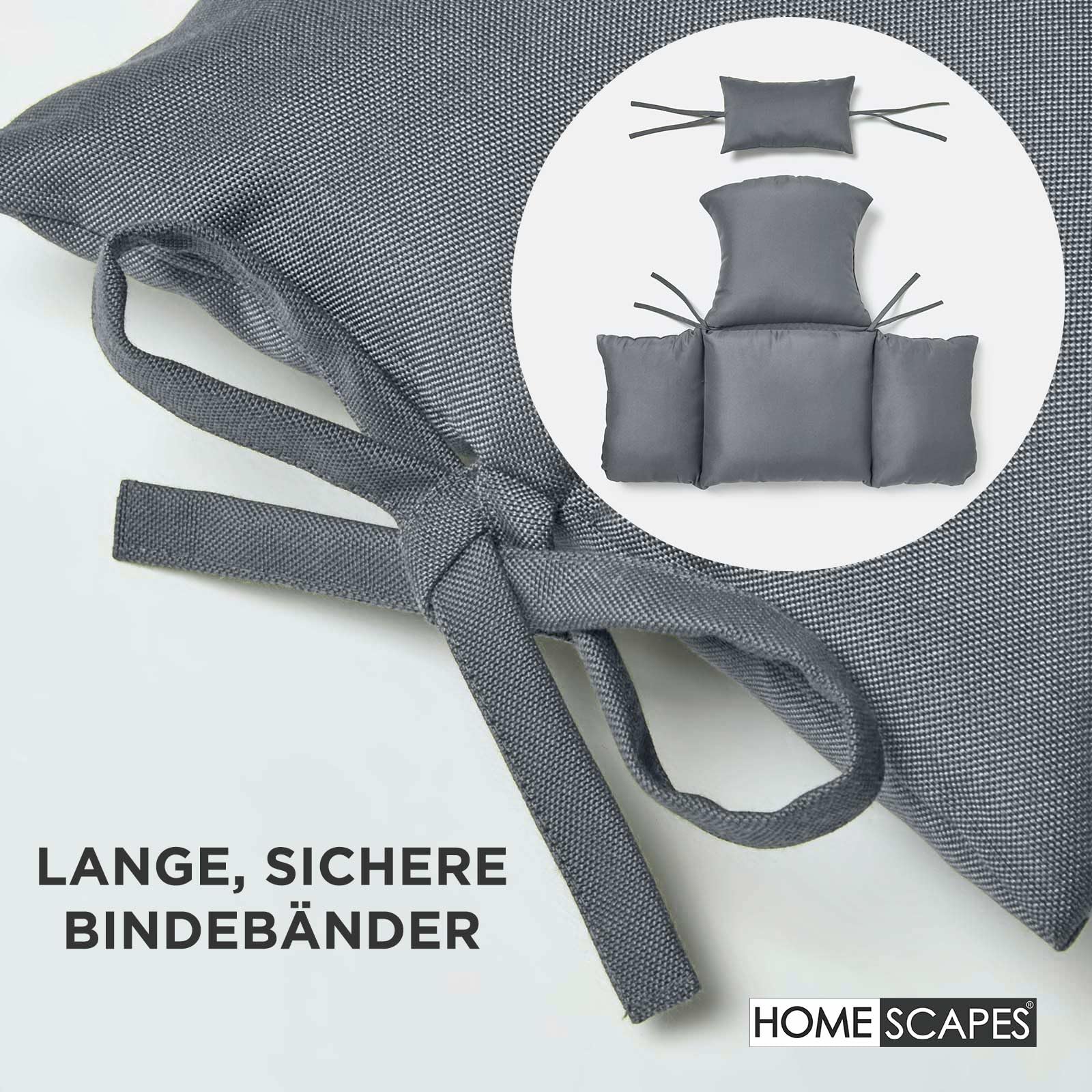Homescapes Hängesessel-Kissen Outdoor grau mit Kopfstütze, Polster-Auflage für Hängeschaukel, Hängekorb-Stuhl, 2-teilig mit Kopfteil und Bindebändern, weich & wetterfest