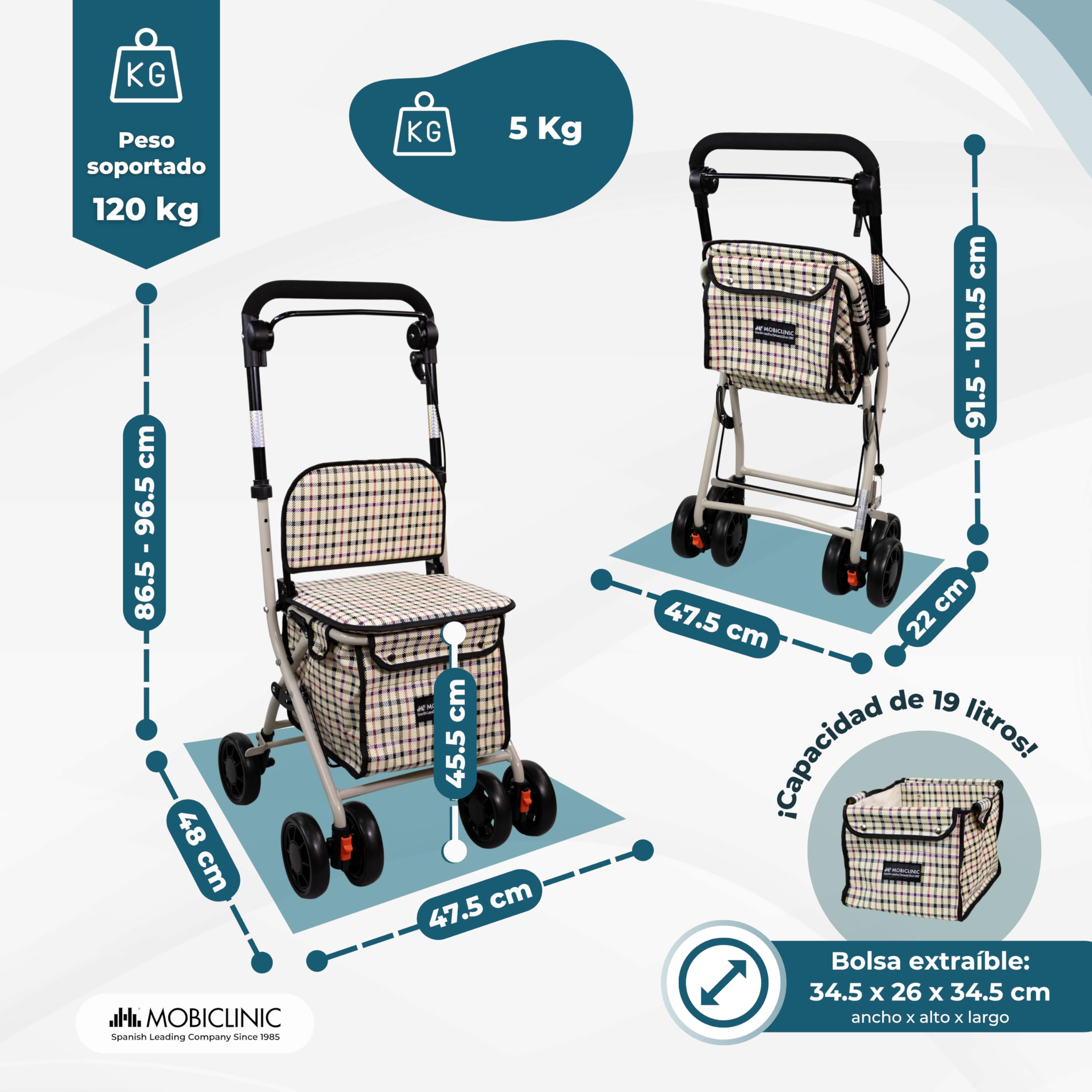 Mobiclinic Andador Plegable Carro de la Compra con Asiento Coliseo Acero Ruedas 360º