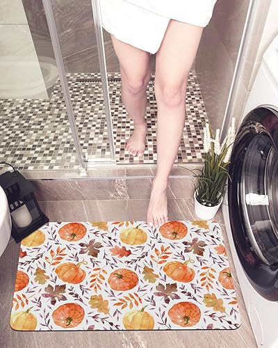 Bath Mat Non Slip Fall Maple Leaves Pumpkin Quick Dry Bath Mat Indoor, Bathroom Floor Mat Rug for Bathtub,Shower, Thanksgiving Autumn Harvest 32x20In