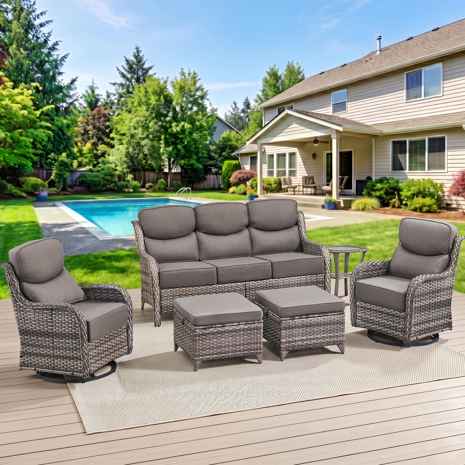 Swivel Patio Chairs Sofa Set of 6-6" Thick Cushion - Wicker Outdoor Swivel Rocker Patio Chair,Sofa/Side Table, High Back Comfortable Outdoor Glider Chairs - Grey Wicker | Grey Cushions