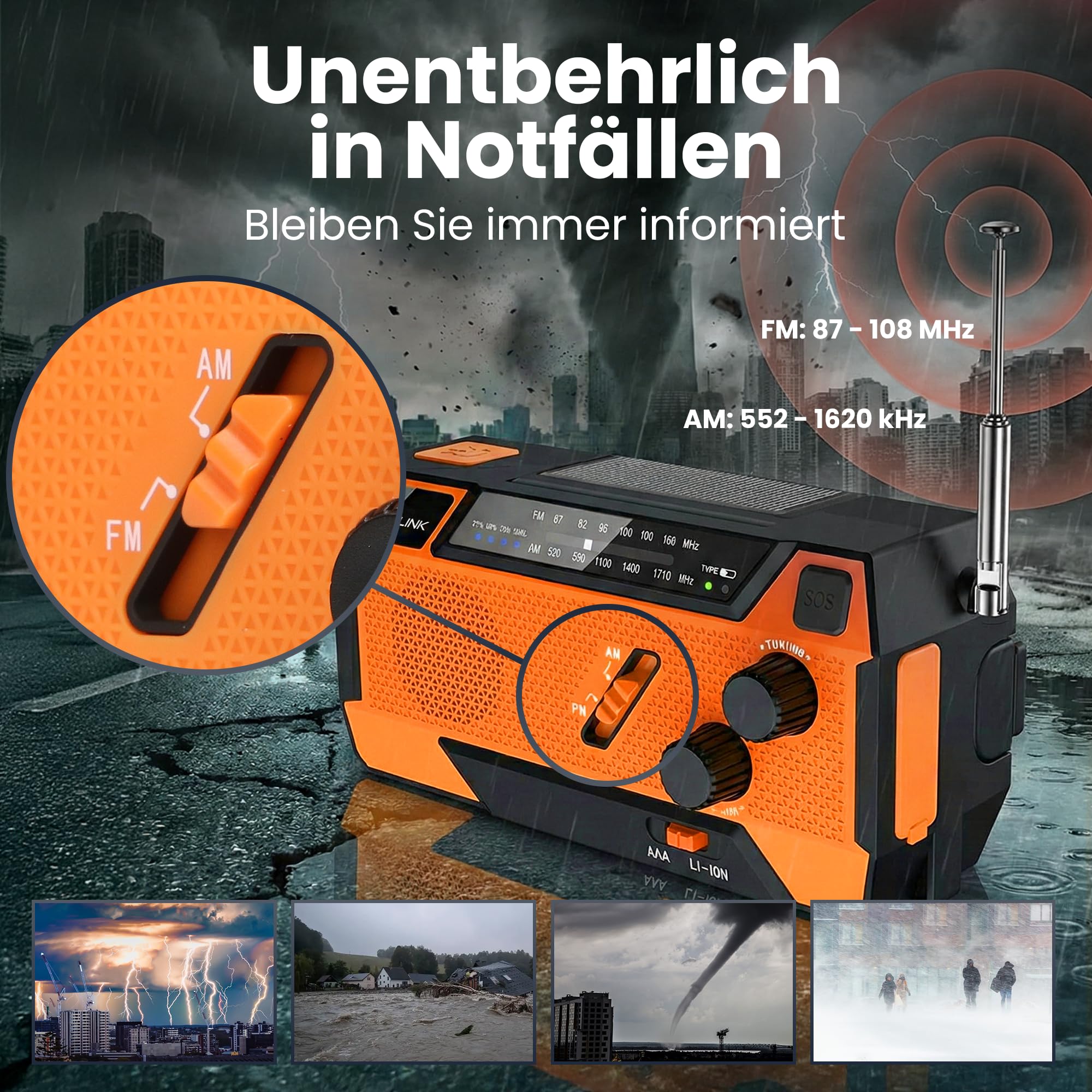 Extralink Kurbelradio Notfallradio mit Solar & Kurbel, Ladefunktion 4000 mAh mit integrierten Ladekabeln, FM/AM Radio, LED Taschenlampe & Leselicht, SOS Alarm - für Blackout, Camping & Outdoor