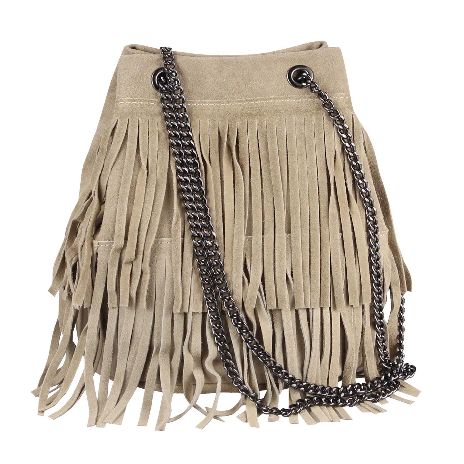 OBC Made in Italy Damen Leder Tasche Fransen Shopper Kettentasche Beutel Wildleder Handtasche Umhängetasche Bucket Bag Schultertasche Ledertasche (Taupe 20x25x19 cm)
