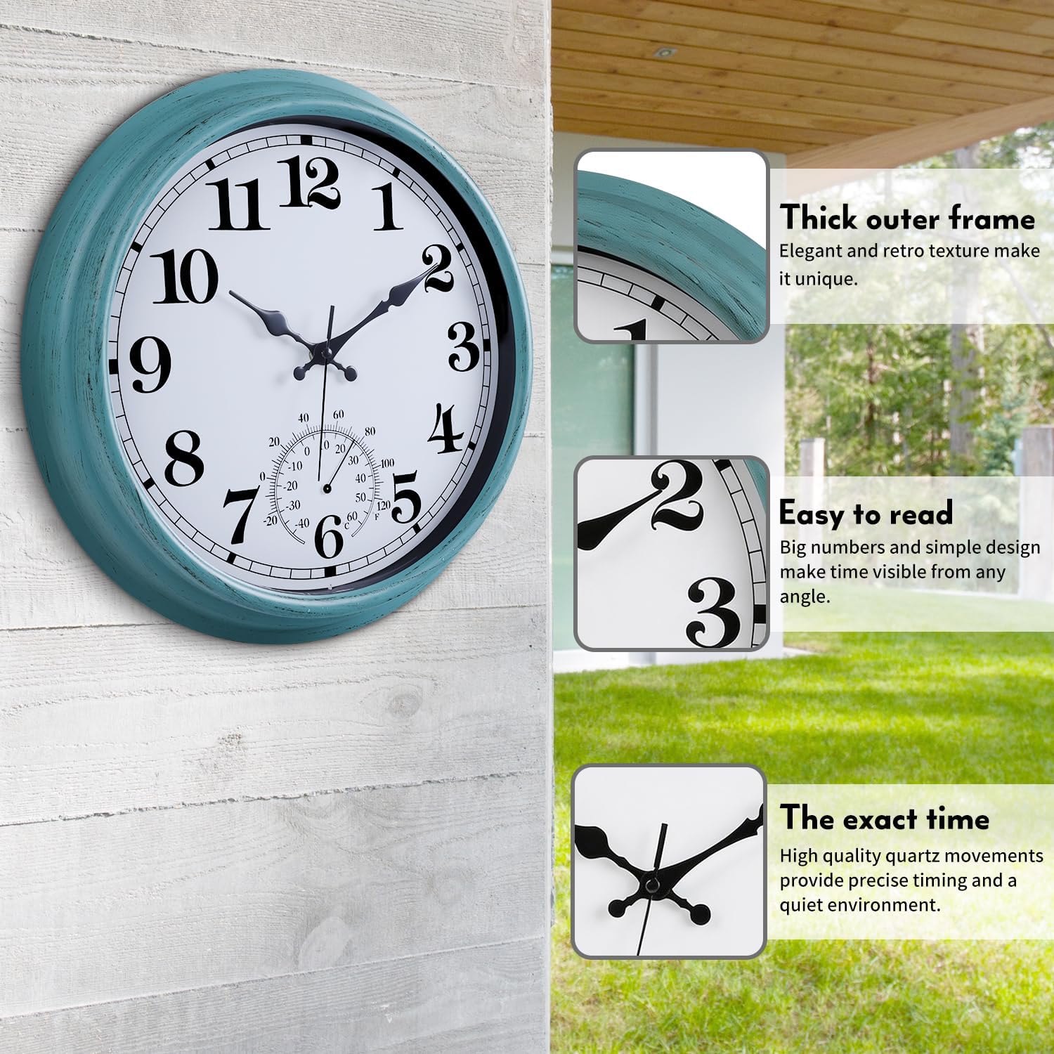 16 Inch Large Outdoor Clock Retro Waterproof Clock Non-Ticking Indoor/Outdoor Wall Clock with Thermometer, Battery Operated for Pool, Patio, Garden, Green